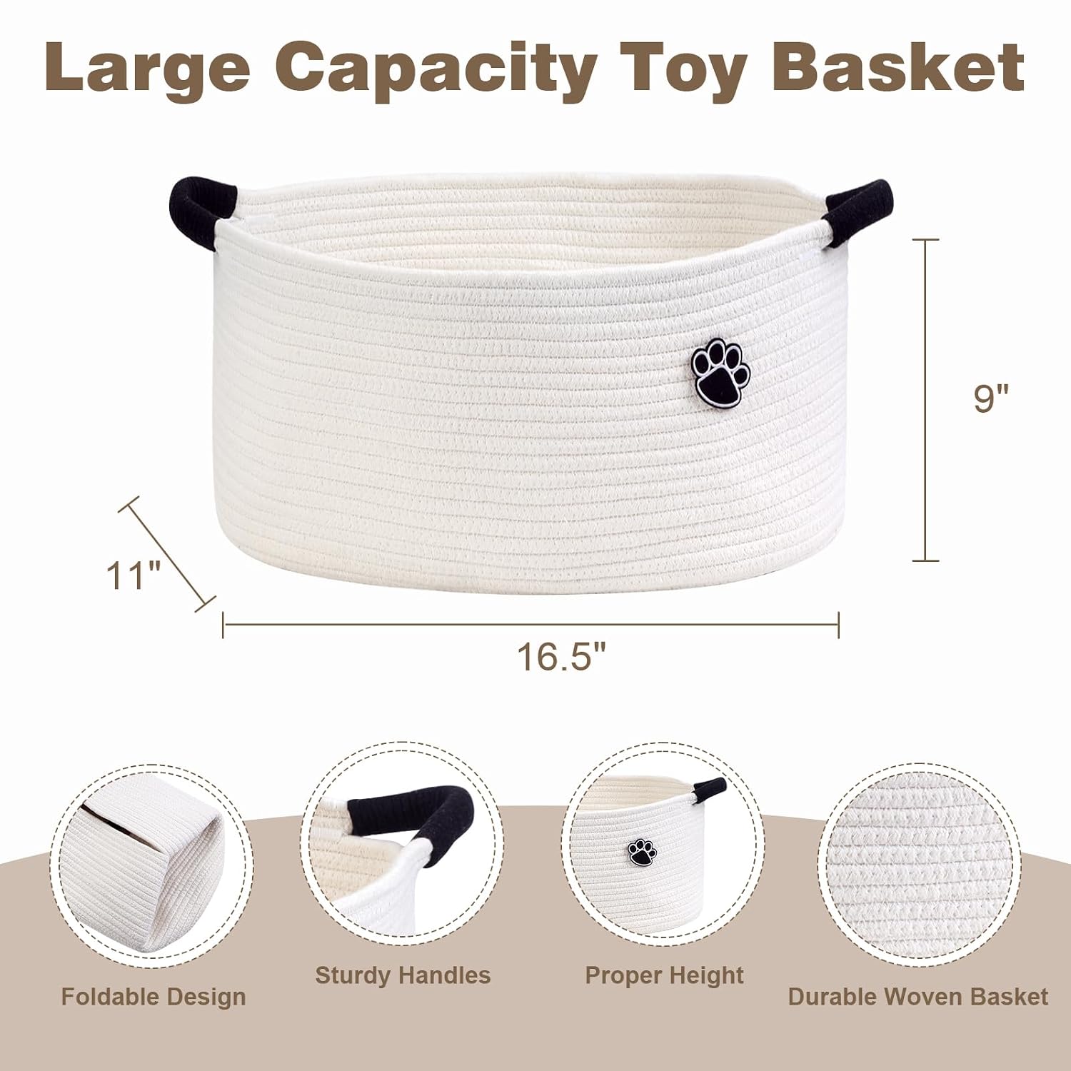 Detalle de Optish 25L Medium Dog Toy Basket, White Woven Cotton Rope with Handles