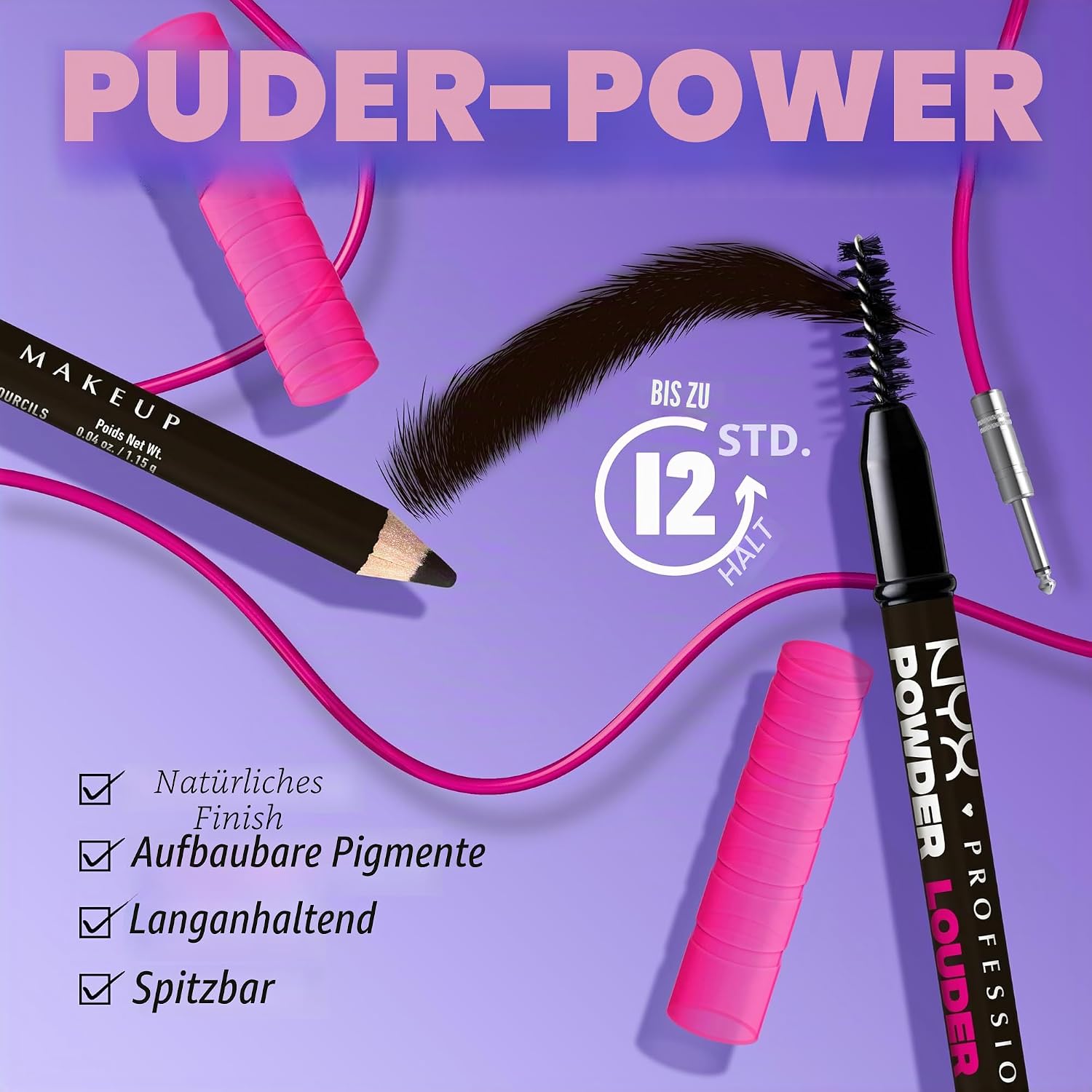 Detalle de NYX Powder Louder Brow Pencil in Black – voluminöse Mikrofaser für definierte, natürliche Augenbrauen