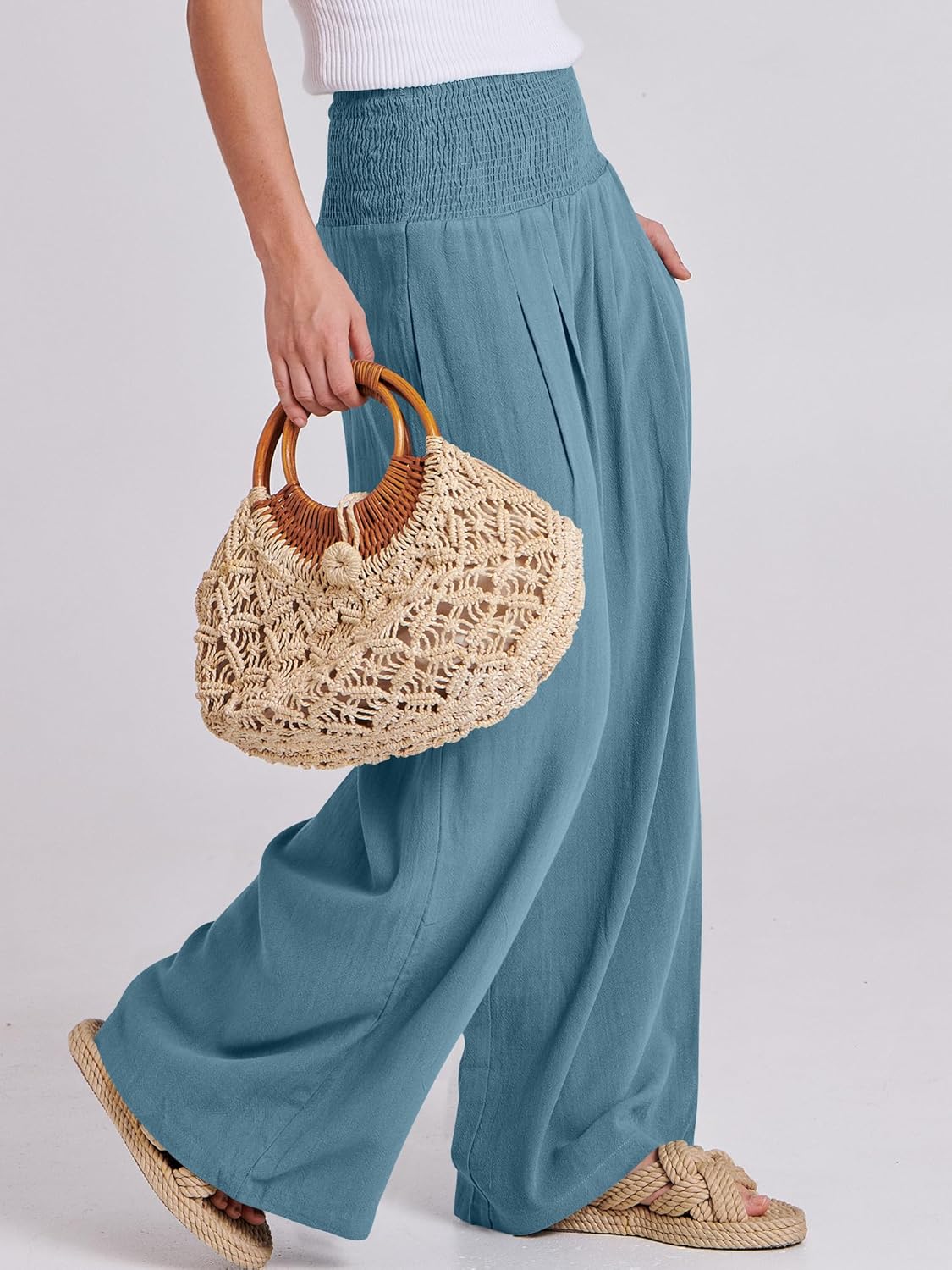 Thumbnail 3 de ANRABESS Women’s Linen Palazzo Pants (Smocked High Waist, Wide-Leg, Pockets) for Summer Beach & Travel