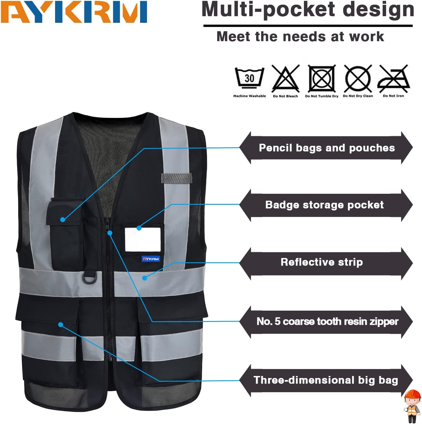 Detalle de AYKRM 21-colour high-visibility executive vest with zip front, phone & ID pockets