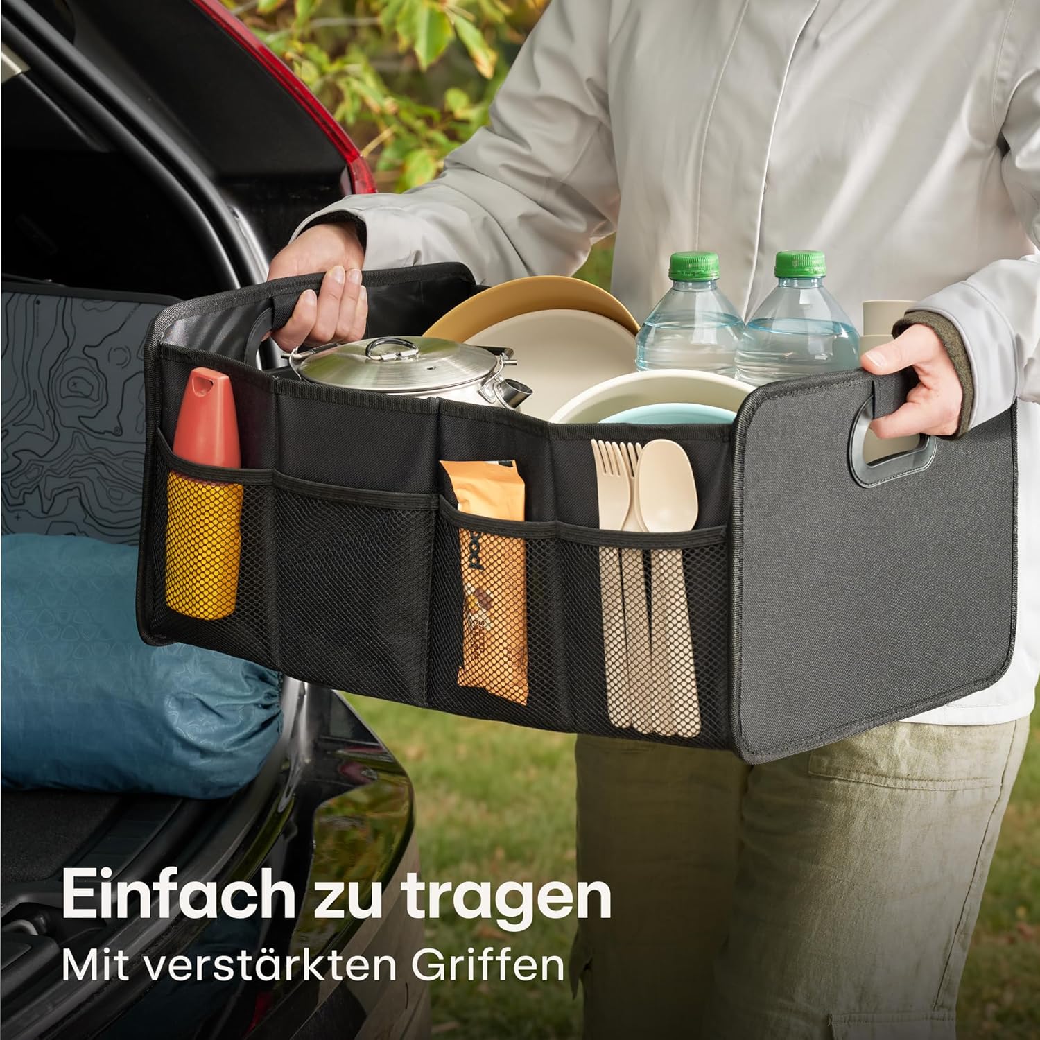 Detalle 2 de Praknu Kofferraum Organizer Faltbar XL – 3 flexible Fächer, 40 L, rutschfest und wasserabweisend