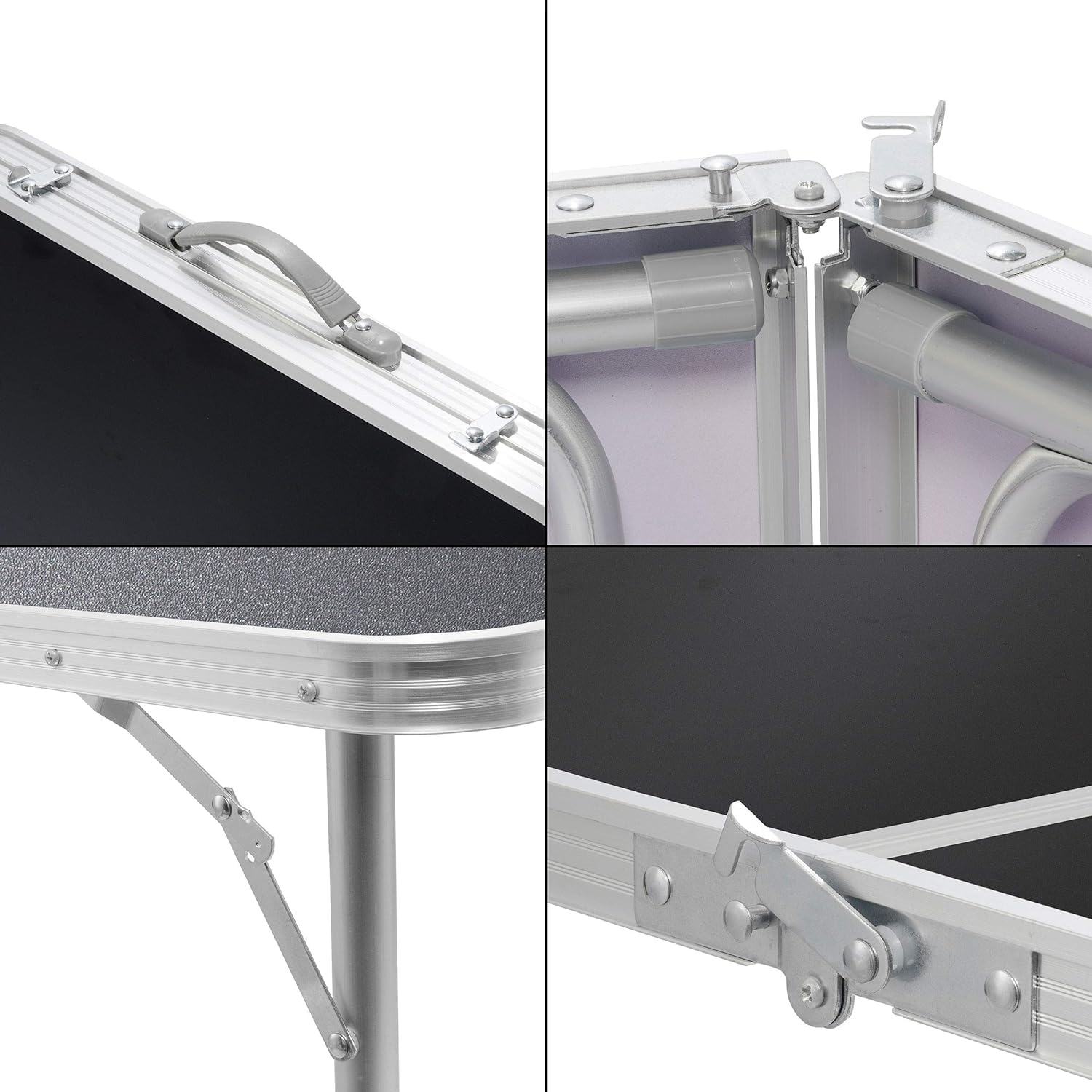 Detalle de Klappbarer Multifunktionstisch 120x60 cm – Höhenverstellbarer Campingtisch & Markt-Tisch aus Aluminiumkanten