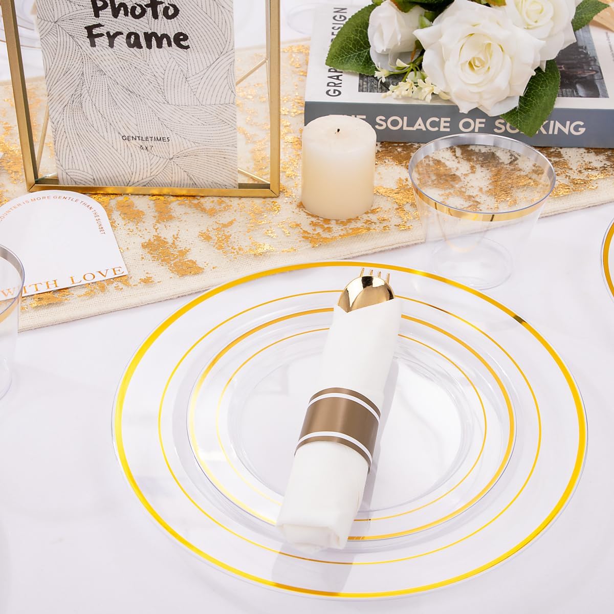 Thumbnail 2 de DaYammi 350-Piece Clear Gold Plastic Dinnerware Set for 50 Guests