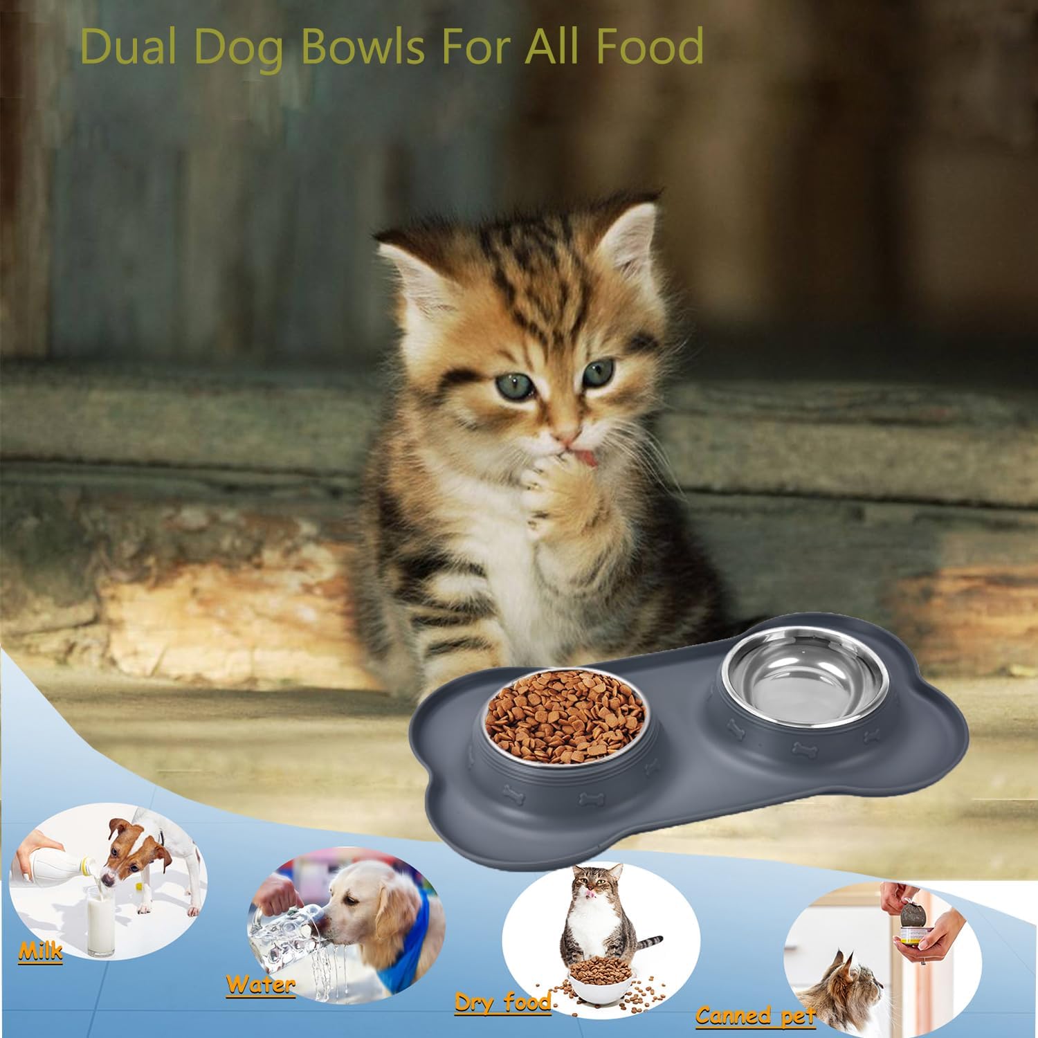 Detalle de Stainless steel dual pet bowl set for small dogs and cats (double bowls with non-spill, non-slip silicone mats)