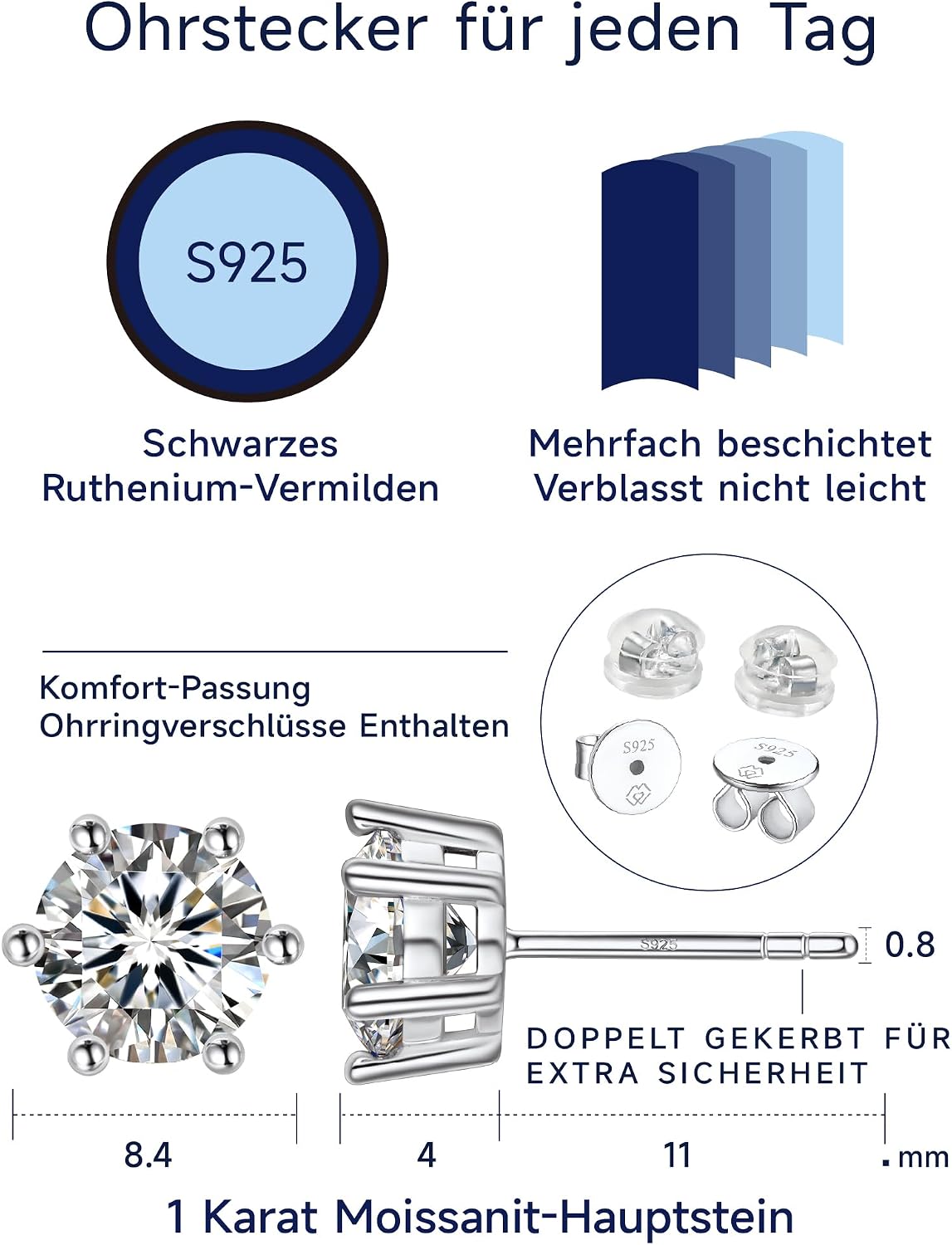 Detalle de MomentWish Moissanite Ohrringe aus 925 Silber mit 1–4 Karat Ohrsteckern (5 mm) – hypoallergen