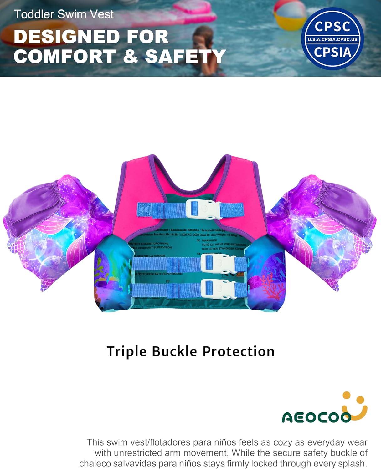 Detalle de AEOCOO Puddle Float Jumper Toddler Swim Vest (20–30–50–60–70 lb) with Floaty Sleeves and Water Wings