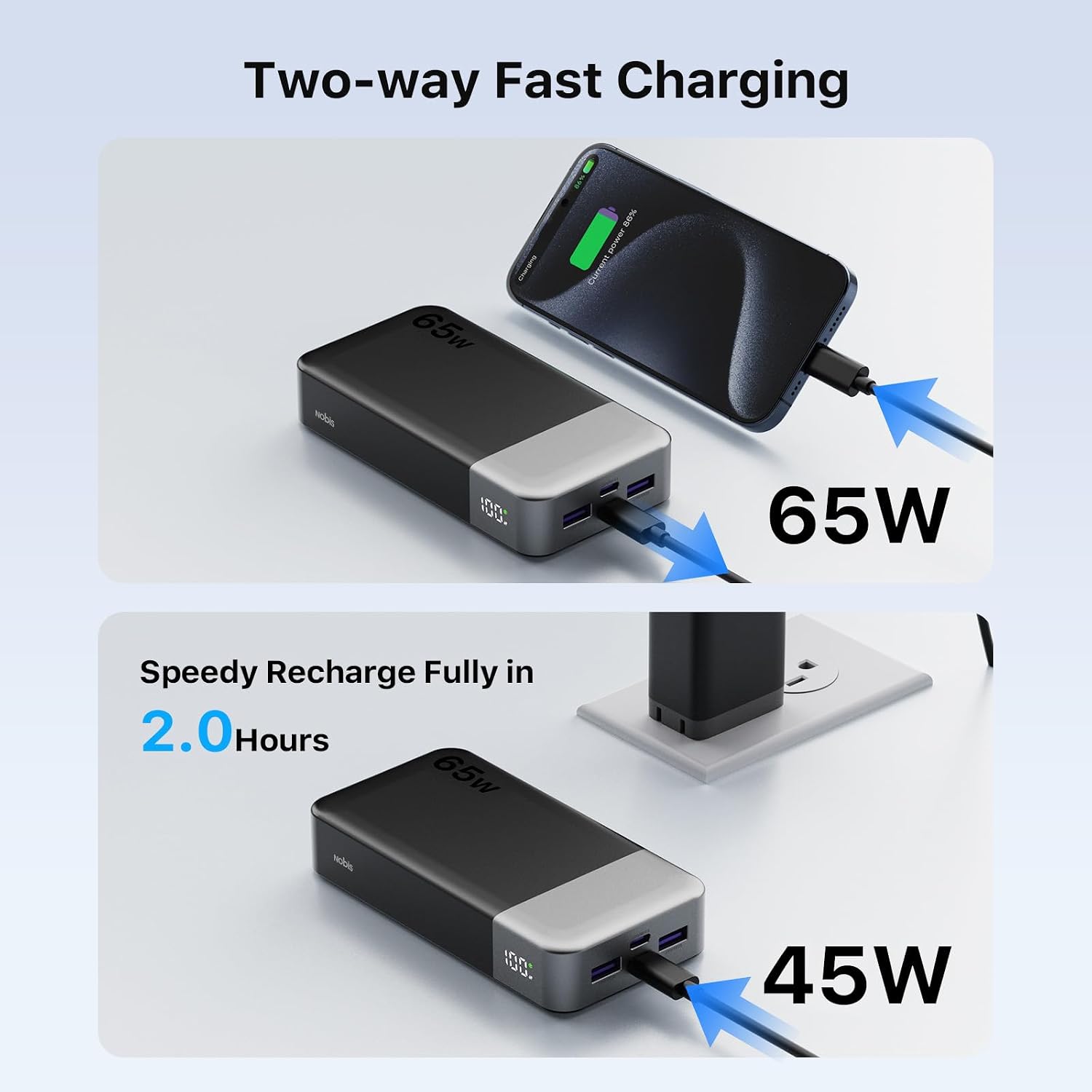 Detalle de NOBIS Powerbank 20000mAh 65W Schnellladung – Vielseitige Tragbare Energiequelle mit Digitalanzeige