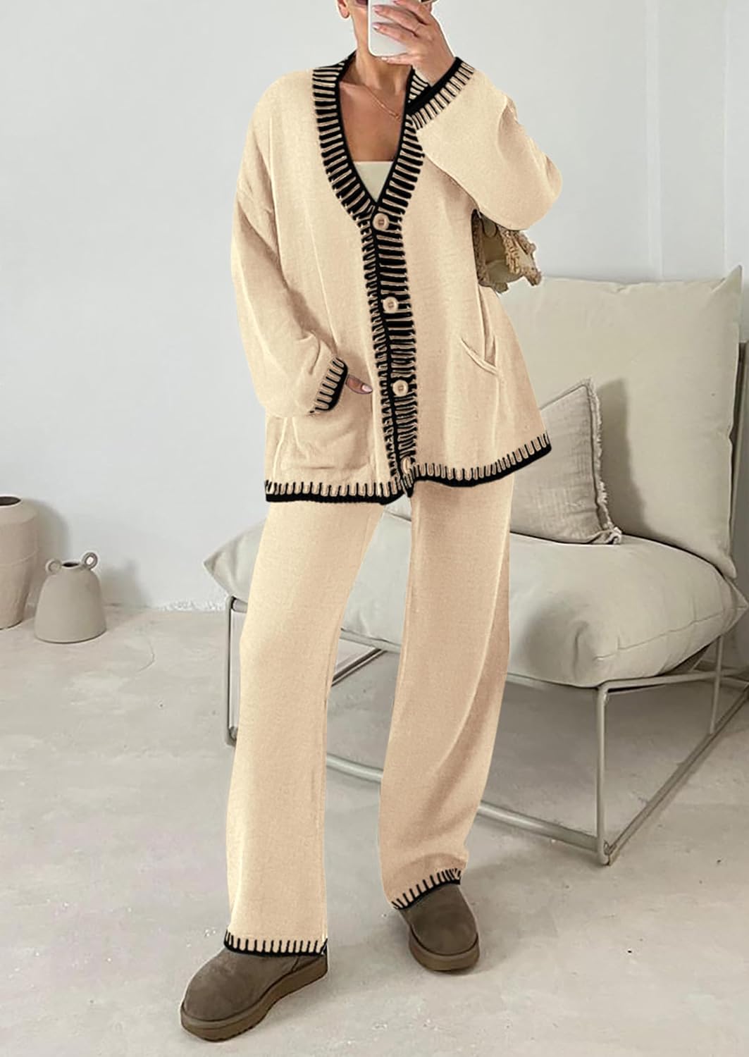 Detalle de PRETTYGARDEN Women’s Lounge Set (2-Piece Cardigan + Wide-Leg Pants) — color-block knit outfits