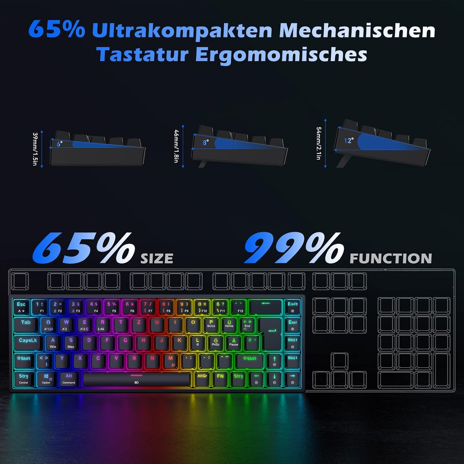 Detalle de TECURS Gaming Tastatur Kabellos – 65% TKL Mechanische Tastatur mit roten Switches, QWERTZ Deutsches Layout