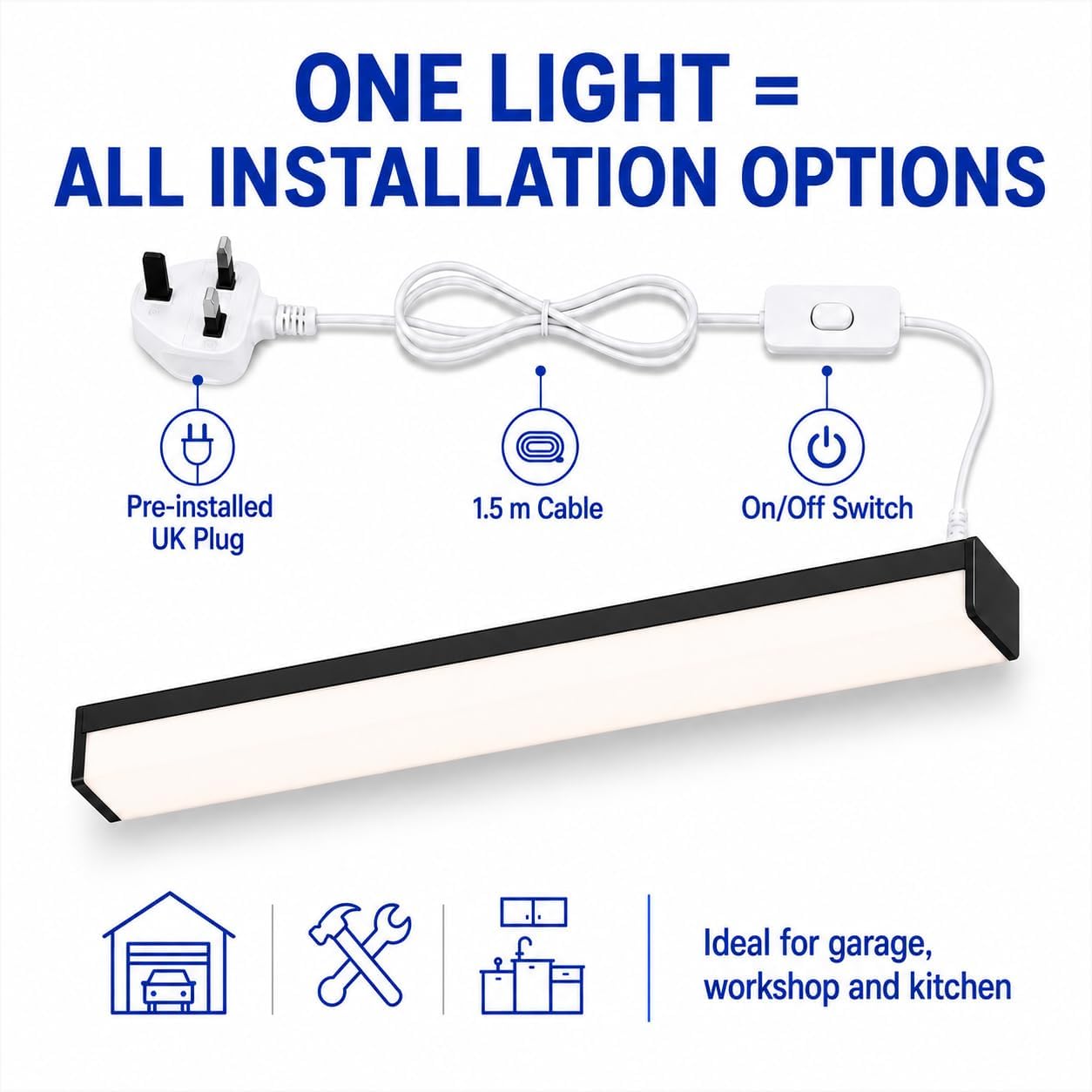 Thumbnail 3 de Full-Screen LED Batten Light 4ft/115cm (2-Pack) with UK Plug & On/Off Switch – Linkable, 33W, 3610lm, 3000K/4000K/6500K