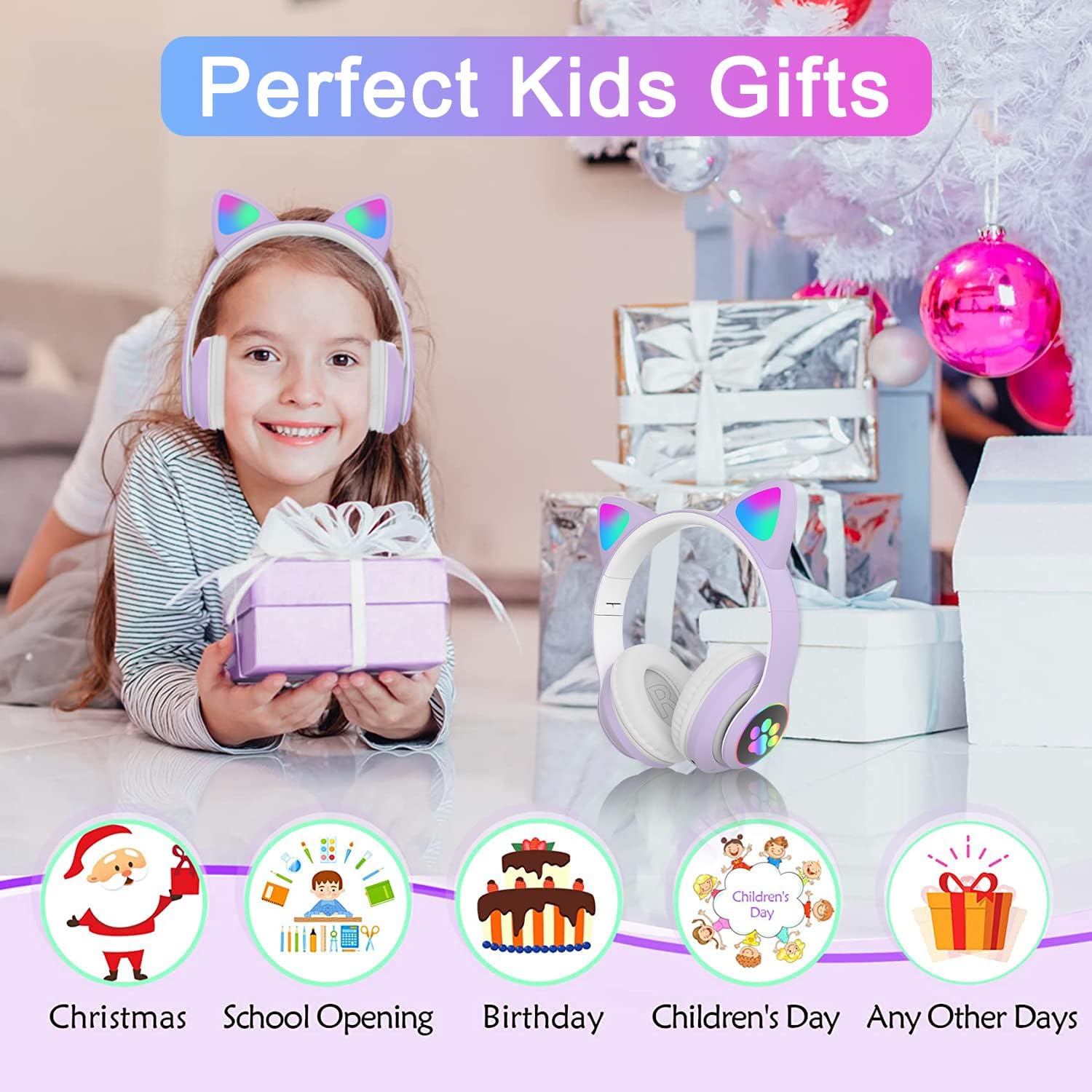 Thumbnail 6 de TOKANI Kids Headphones for School: Bluetooth Cat Ear Headphones with Microphone (Purple)