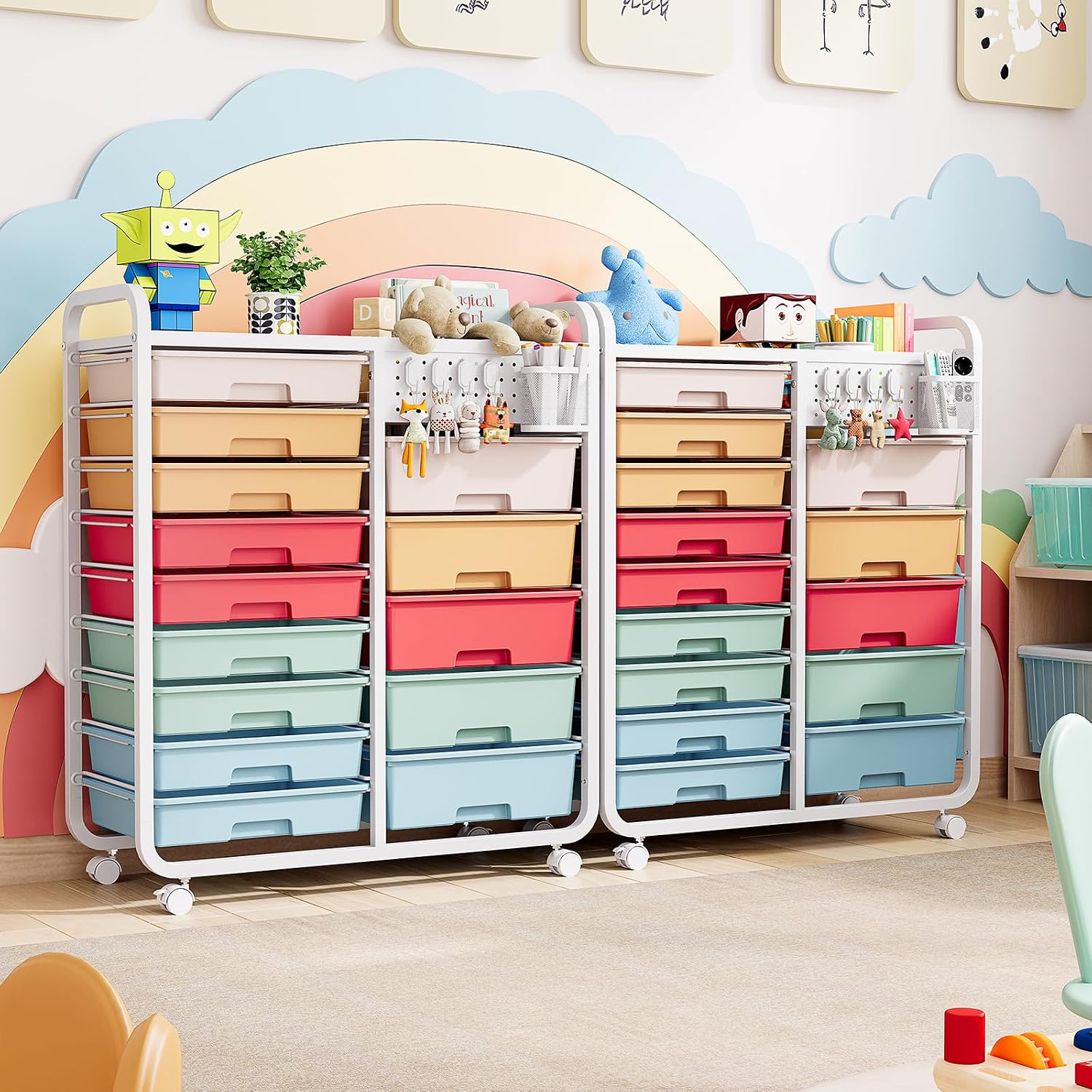 Detalle 2 de SYKIARIOL 14-Drawer Utility Cart with Pegboard, Hooks and Wheels