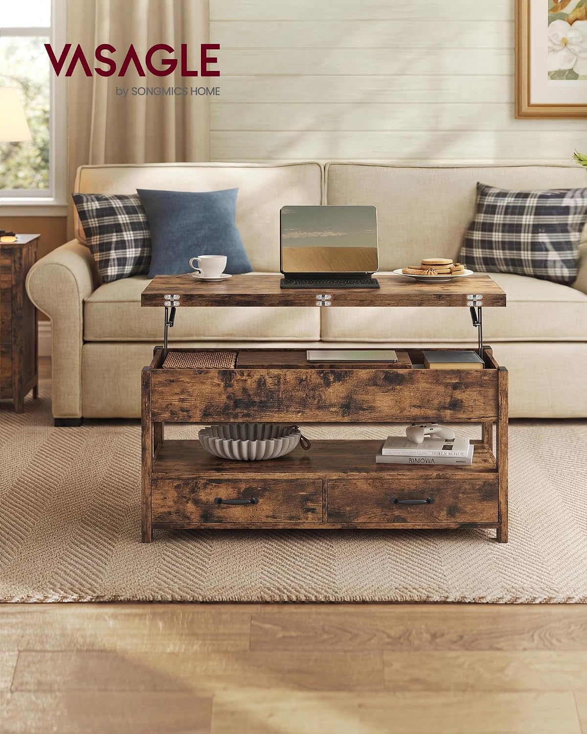 Detalle 2 de VASAGLE LCT254K201 Lift-Top Coffee Table, Vintage Brown, 2 Drawers