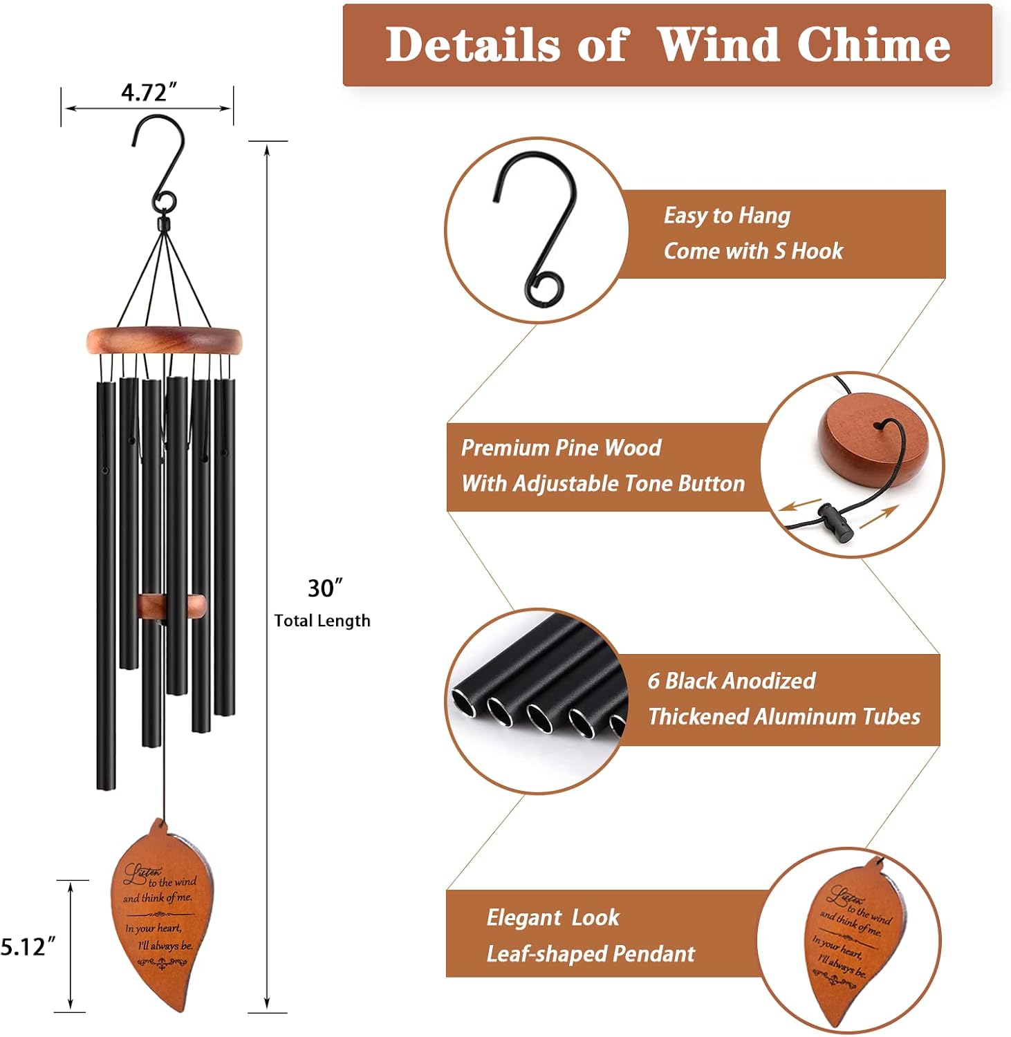 Detalle 1 de Soopau Soopau-220613 B-Black Leaf Memorial Wind Chime, 6 Black Tubes