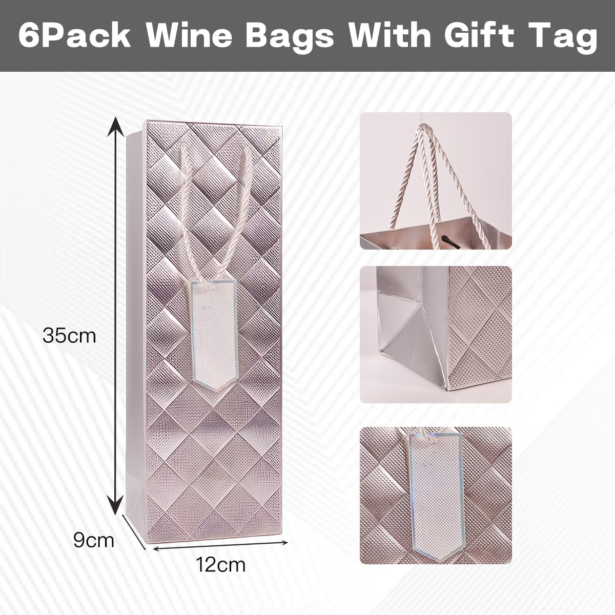 Detalle de 6Pack Silver Wine Gift Bags – 13.7" Luxury Bottle Bags with Gift Tags
