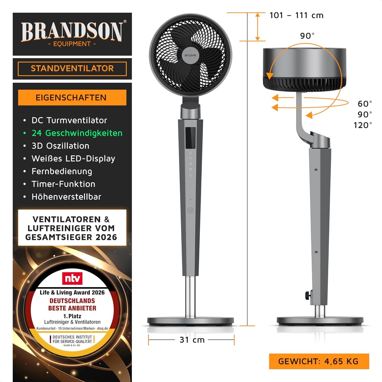 Detalle 2 de Brandson 3D Standventilator mit DC-Motor – leise, energiesparend und flexibel einstellbar