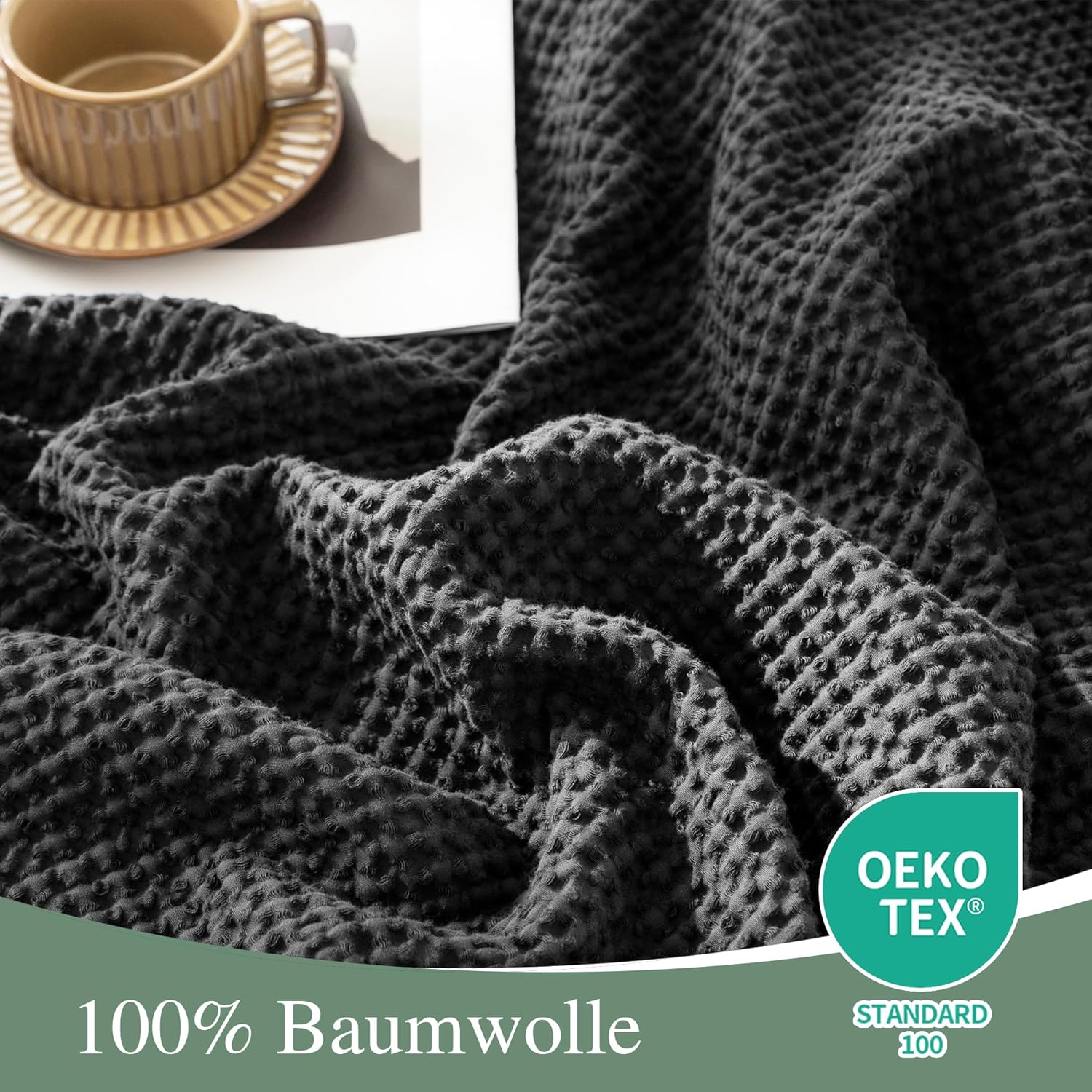 Thumbnail 1 de CHUFFED Decke 100% Baumwolle 150 x 200 cm – weiche, atmungsaktive Kuscheldecke mit Waffelmuster (Anthrazit)