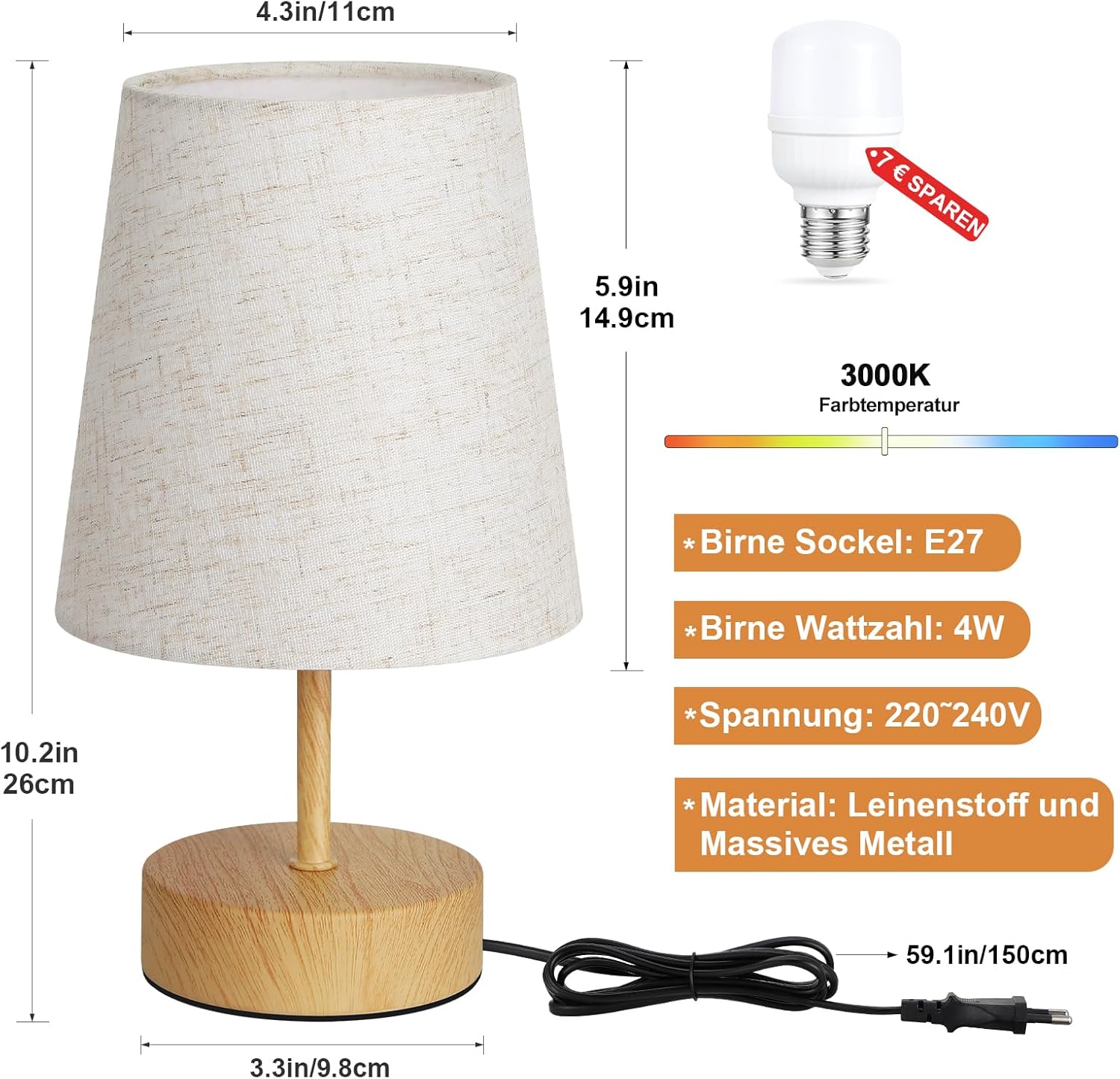 Thumbnail 6 de PreeOtti Touch-dimmbare Nachttischlampe mit USB A+C (inkl. LED-Birne)