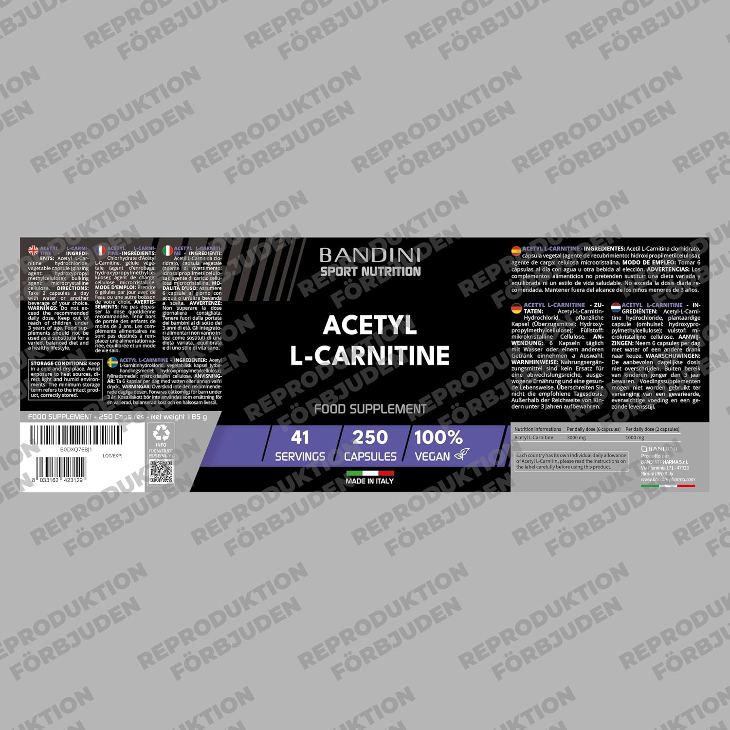 Thumbnail 4 de Bandini® Acetyl L-karnitin, 250 kapslar med 3 000 mg per portion
