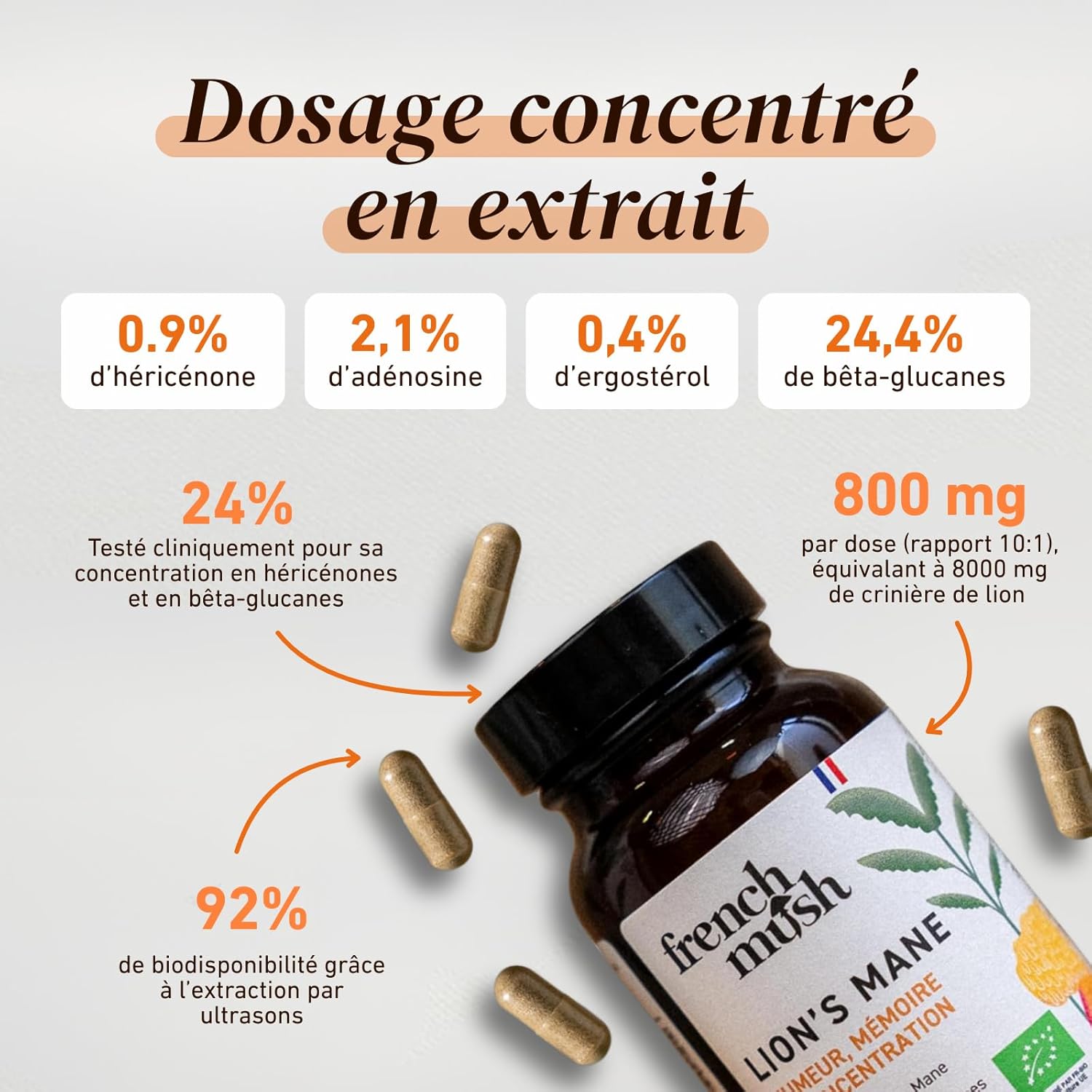 Thumbnail 2 de French Mush Lion’s Mane Bio 8000 mg – 56 gélules vegan (Hericium erinaceus) pour le cerveau et l’humeur