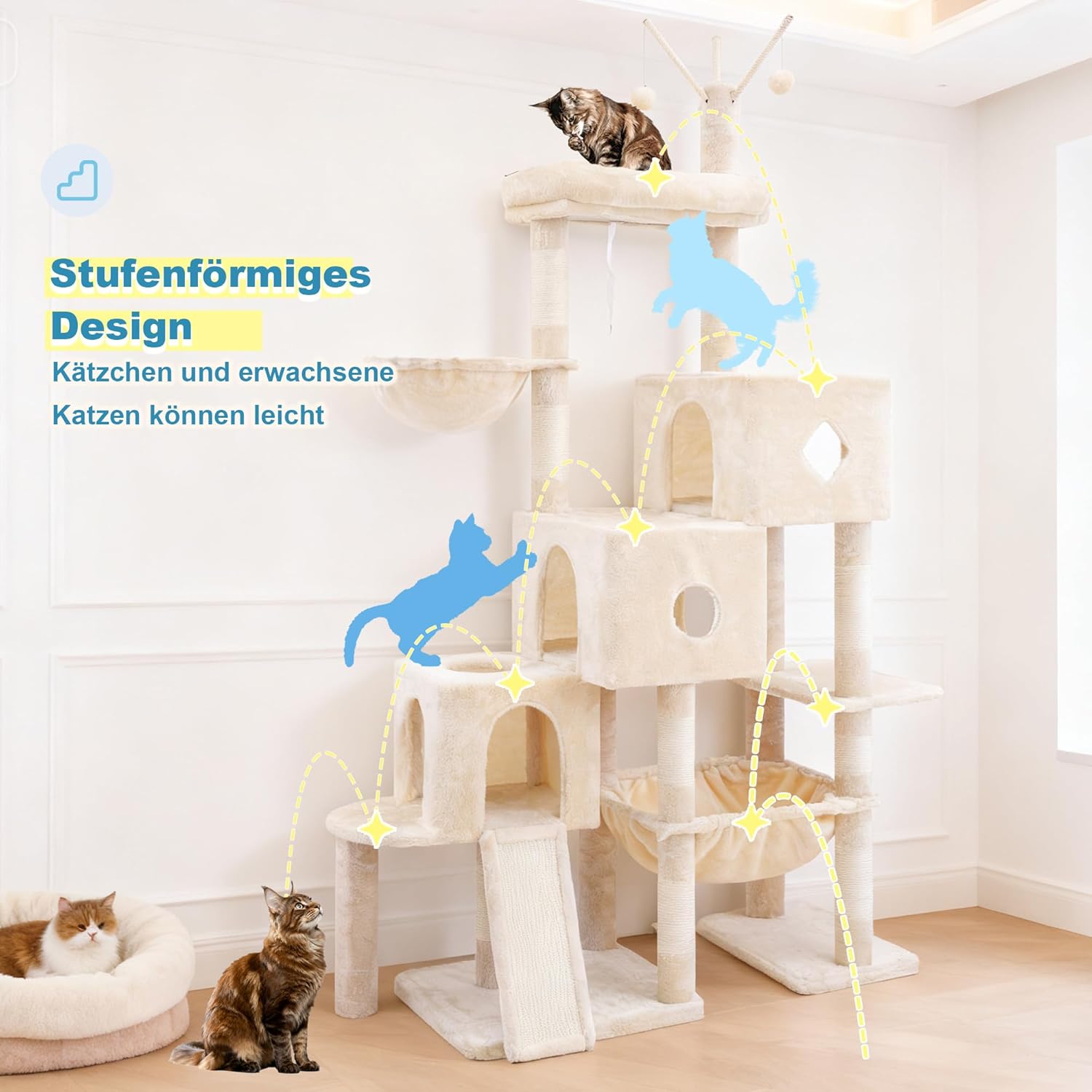 Thumbnail 3 de Hey-brother Kratzbaum stufig für Großkatzen mit 3 Katzenbetten, großer Hängematte und Sisalkratzbrett (160 cm, beige)