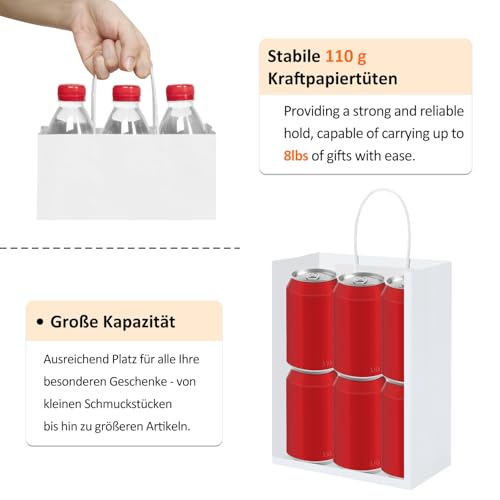 Detalle de Eupako Lot de 25 sacs cadeaux en papier kraft blanc, 21 x 11 x 27 cm – polyvalents et personnalisables