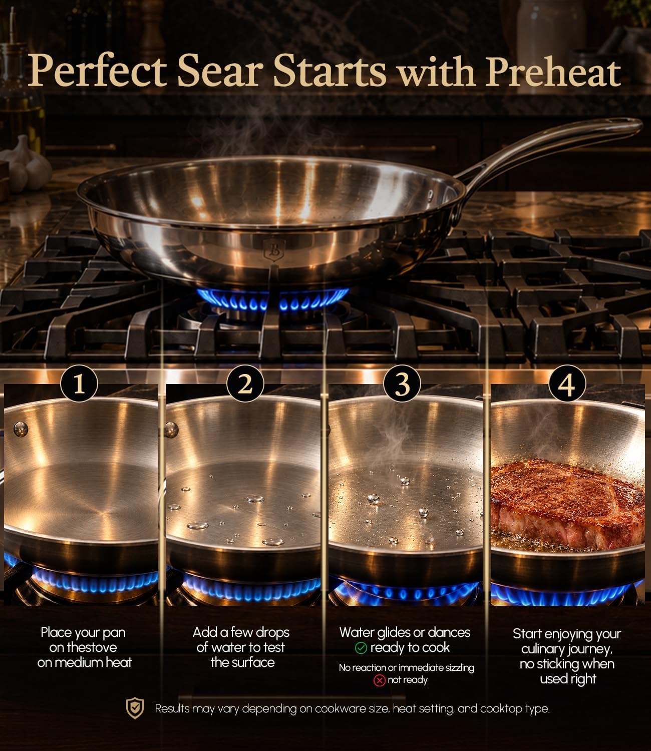 Detalle de Lebof 12 Inch Stainless Steel Pan with Lid (5-Ply Clad Base) — 800℉ Safe Frying Pan for Induction, Gas, Electric & Oven