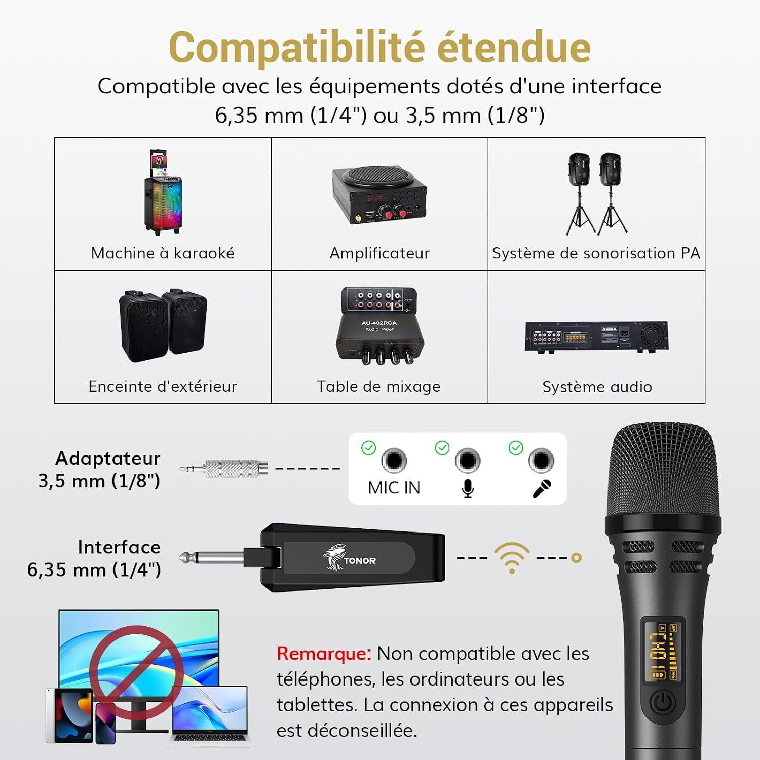 Detalle 2 de TONOR TW310 draadloze UHF-handmicrofoon met oplaadbare ontvanger, 15 kanalen, grijs