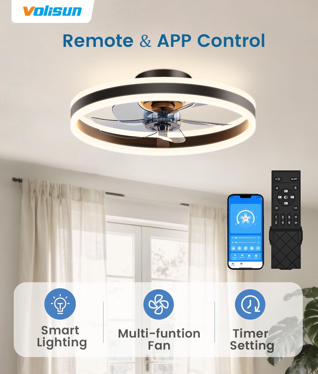 Detalle 2 de VOLISUN 8223-3K Low-Profile Ceiling Fan with Light, Remote and App
