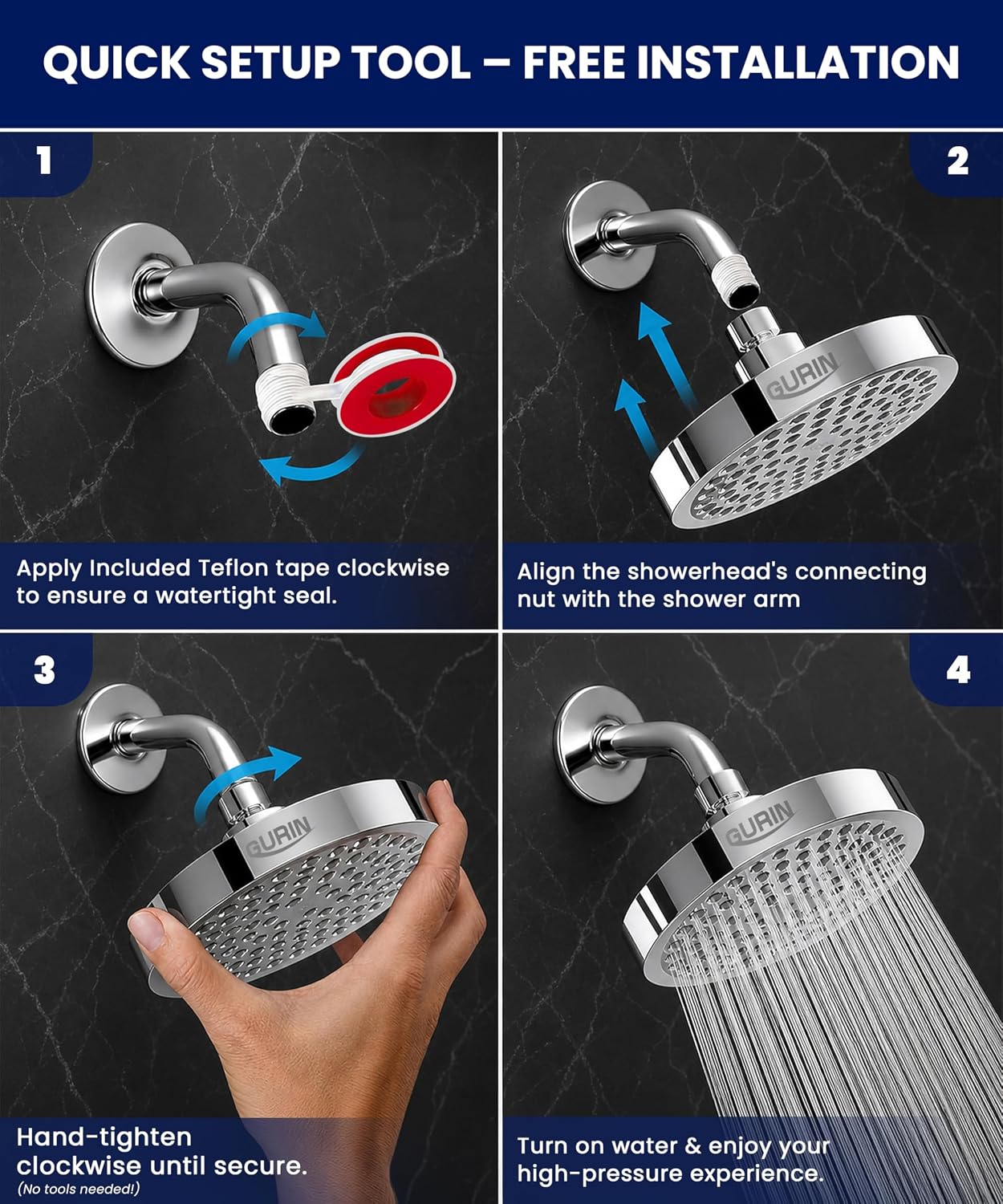 Detalle 2 de GURIN Shower Head - Powerful High Pressure Rain Shower Head, 6-Inch Chrome with 90 Anti-Clog Nozzles