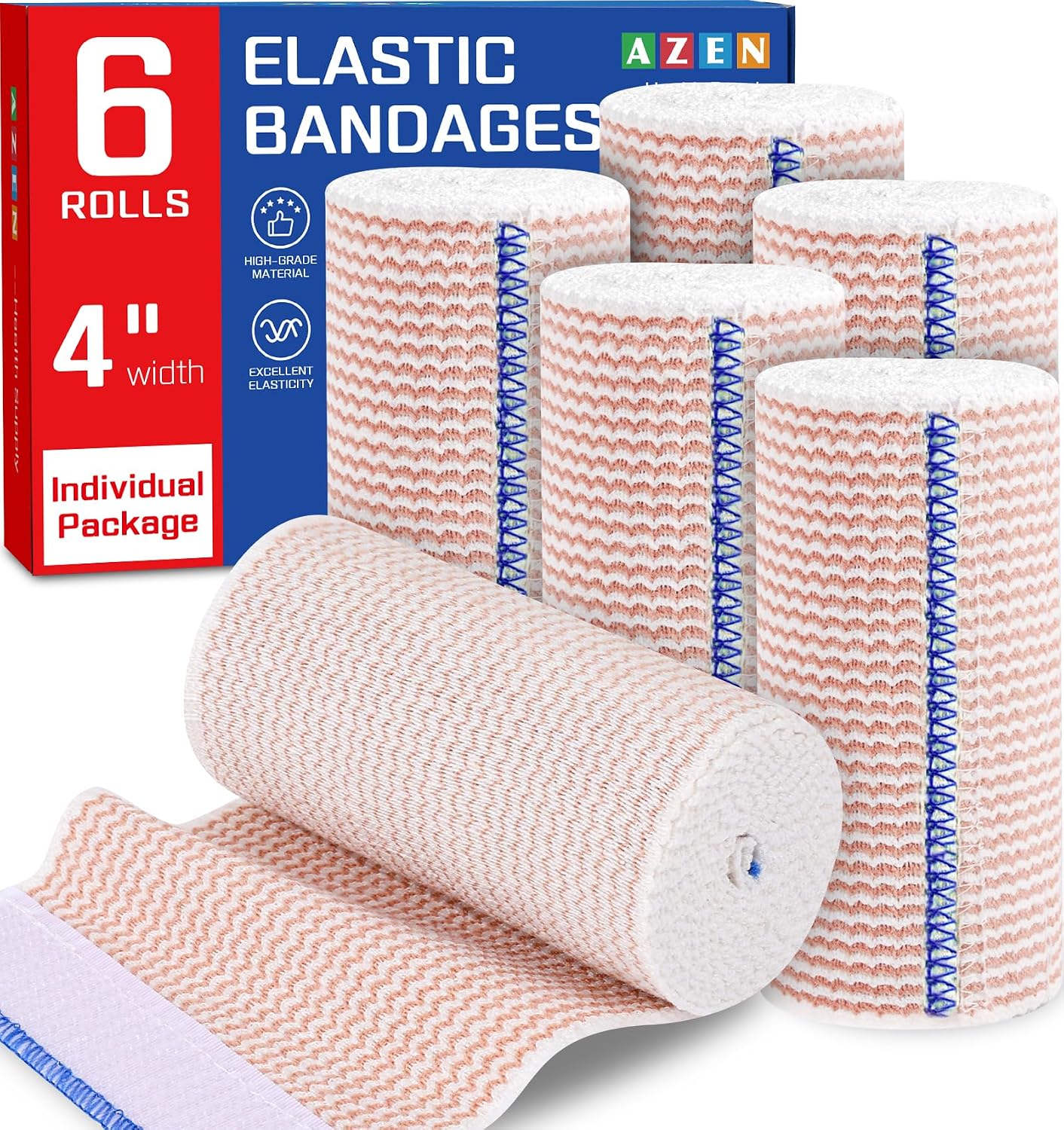 Detalle de AZEN Premium Elastic Bandage Wrap, 6-Pack, 4-Inch Cotton, Latex-Free