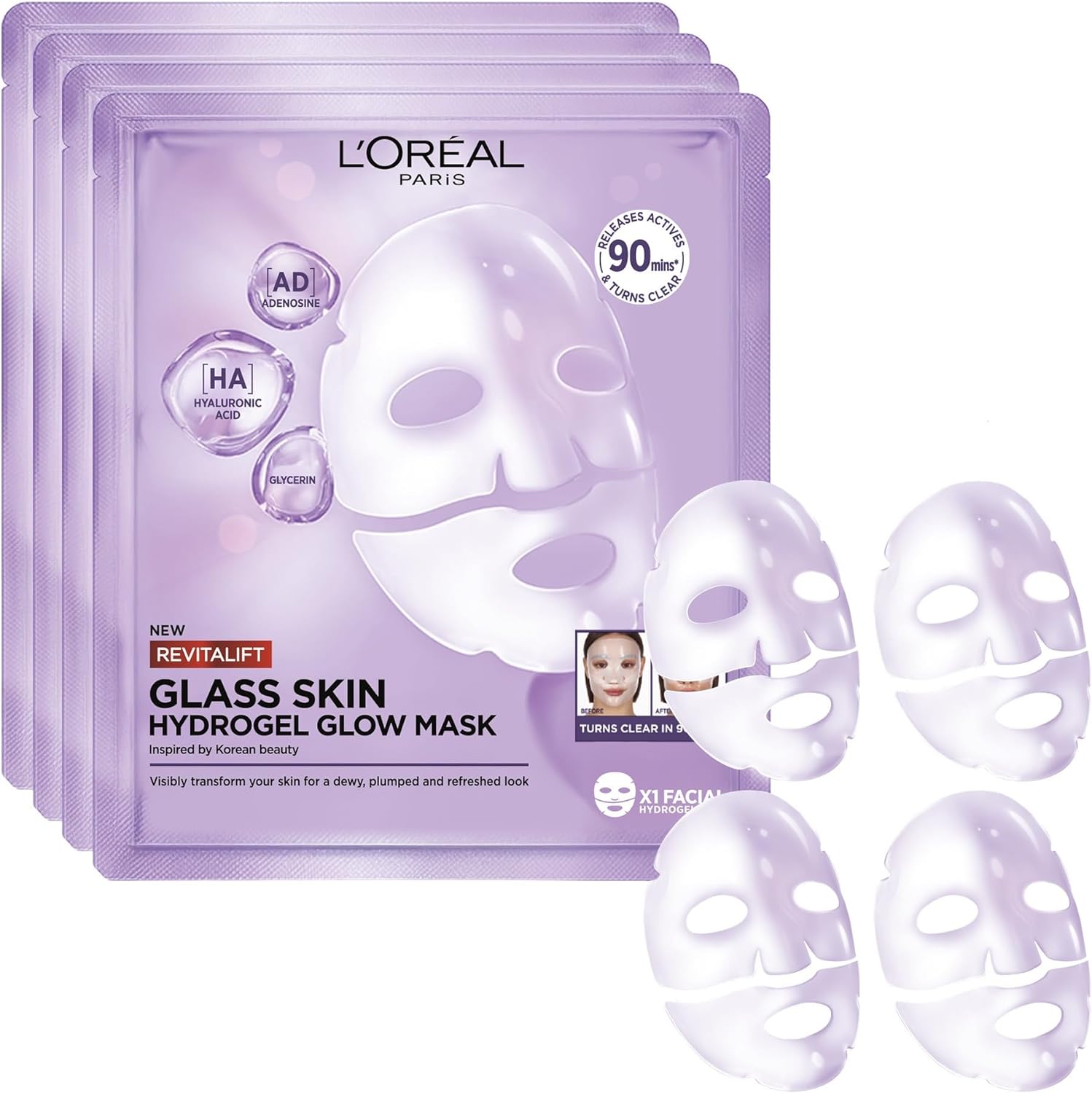 Detalle de L’Oréal Paris Revitalift Filler Glass Skin – Masque Hydrogel Visage (Lot de 4, 50 ml chacun)