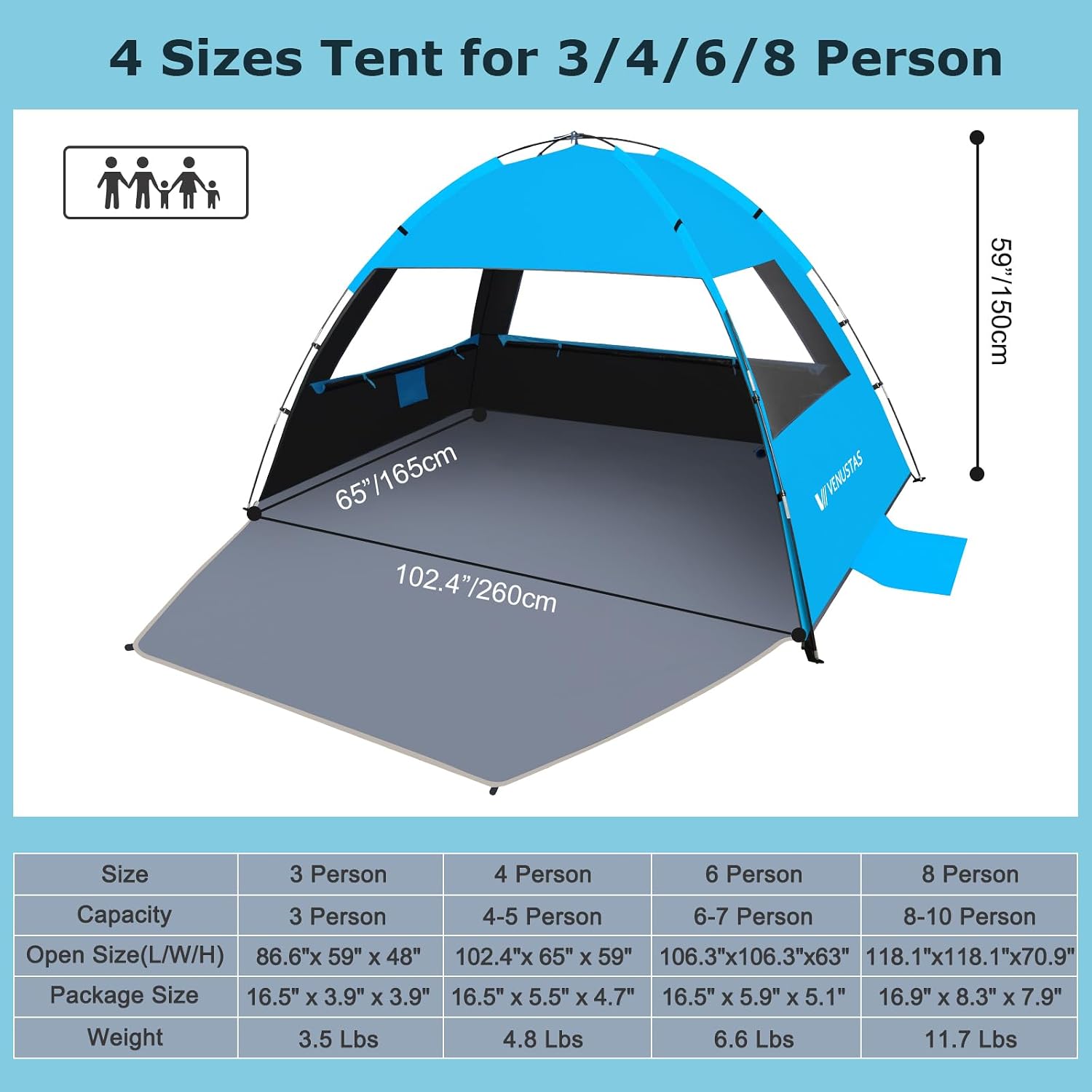 Detalle 2 de Venustas Beach Tent Sun Shelter (3–8 People) with UPF 50+ UV Protection