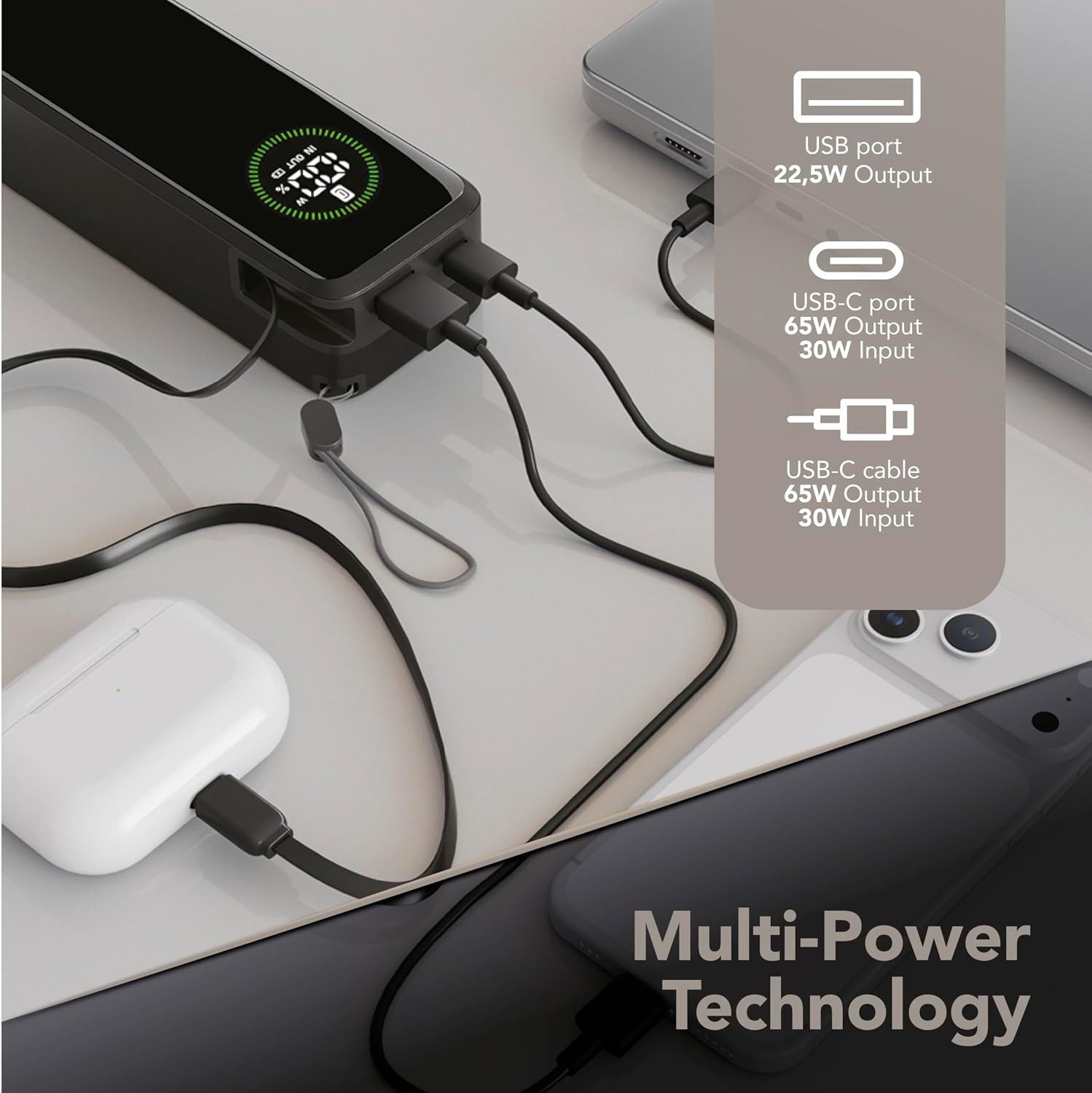 Thumbnail 2 de Power Bank Roller Cellularline 20.000 mAh: ricarica tripla con output fino a 65 W e cavo USB-C retrattile integrato