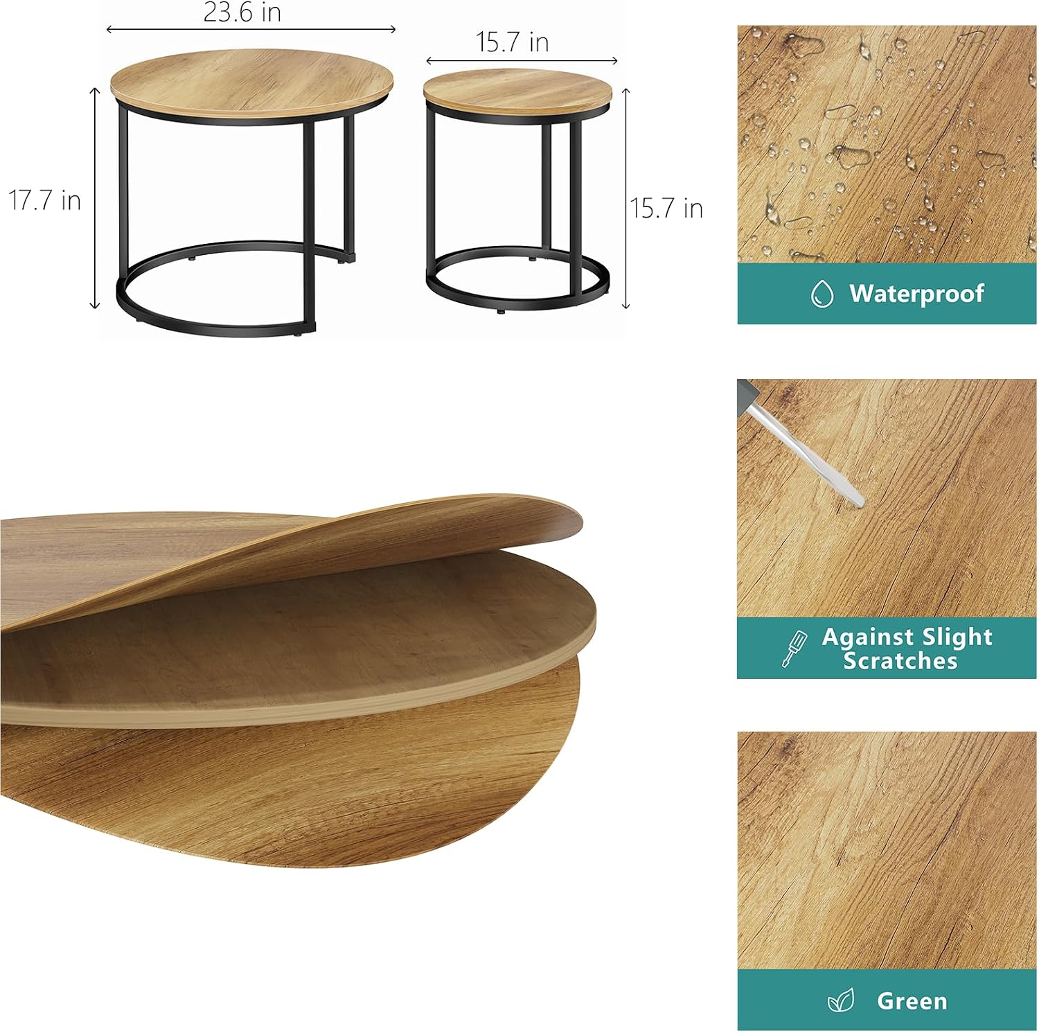 Thumbnail 1 de Smuxee Nesting Coffee Table Set of 2, 23.6-Inch Round Brown Wood Tables