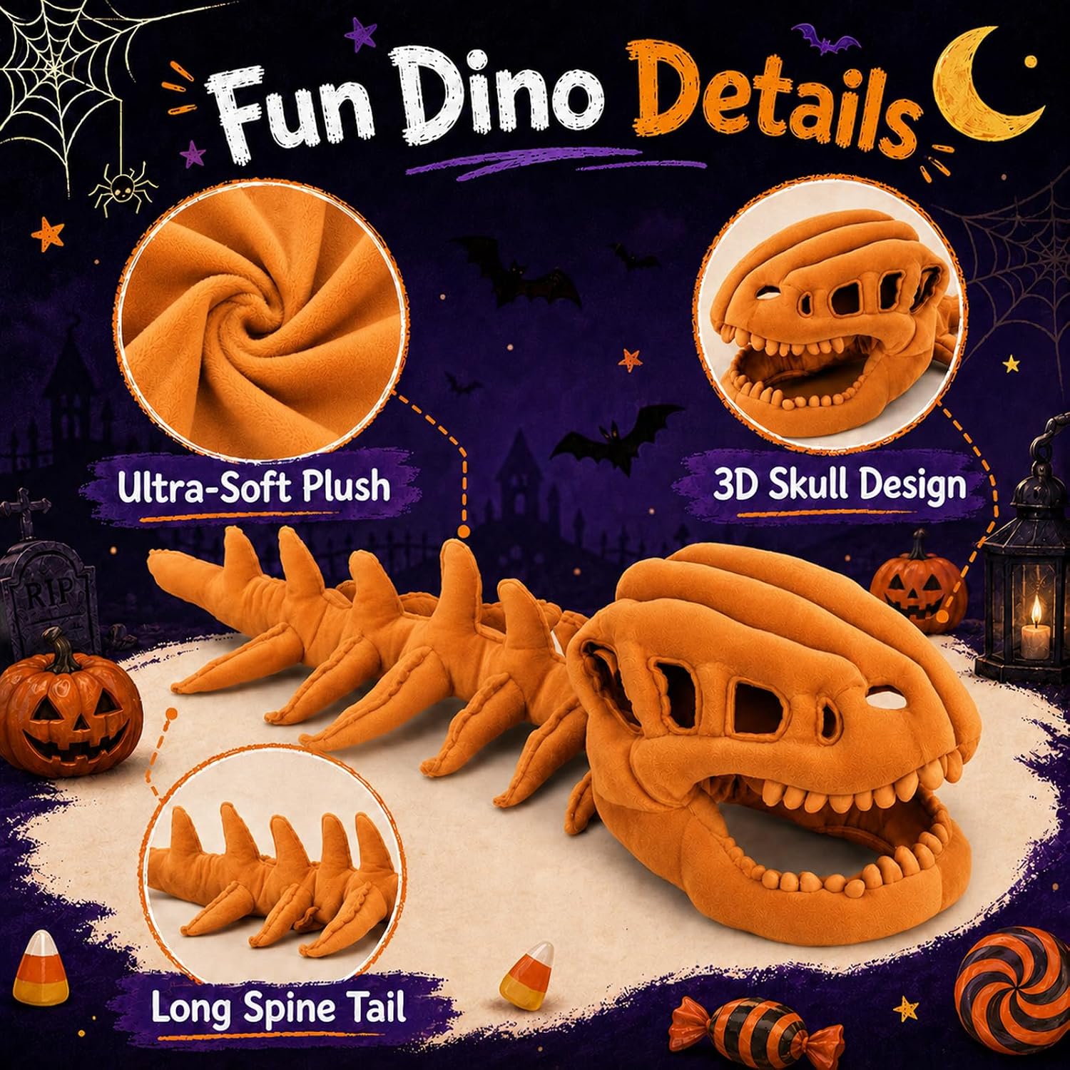 Detalle de Sachie Dinosaur Skeleton Costume for Kids (Spinosaurus Purple) — Cozy Plush with Skull & Spine