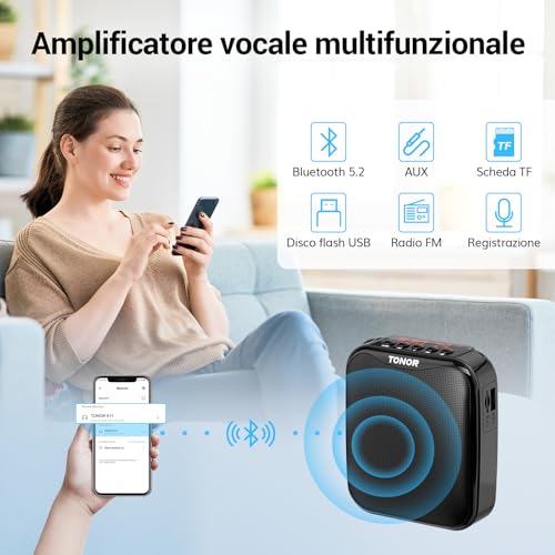 Thumbnail 6 de TONOR 15W Amplificatore Vocale Portatile: sistema PA Bluetooth con microfono wireless e clip per insegnanti e istruttori