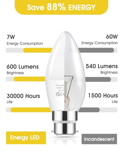Detalle de Flaspar Bayonet LED Bulbs 60W Equivalent, B22 Candle Bulbs, Warm White, 6 Pack