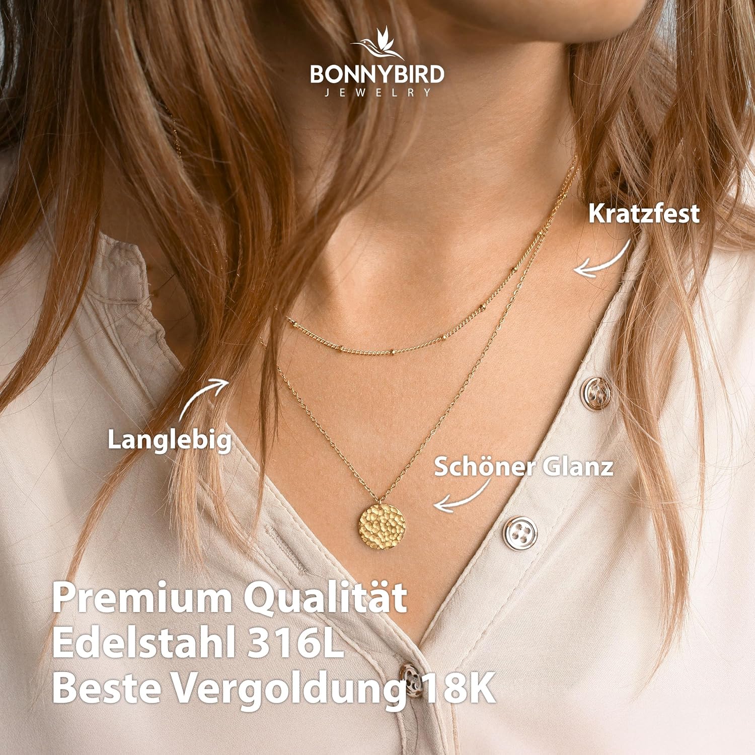 Detalle de BONNYBIRD Wasserfeste Boho-Halskette aus Edelstahl mit Münzanhänger – in Silber, Gold & Roségold (316L, 42–50 cm)