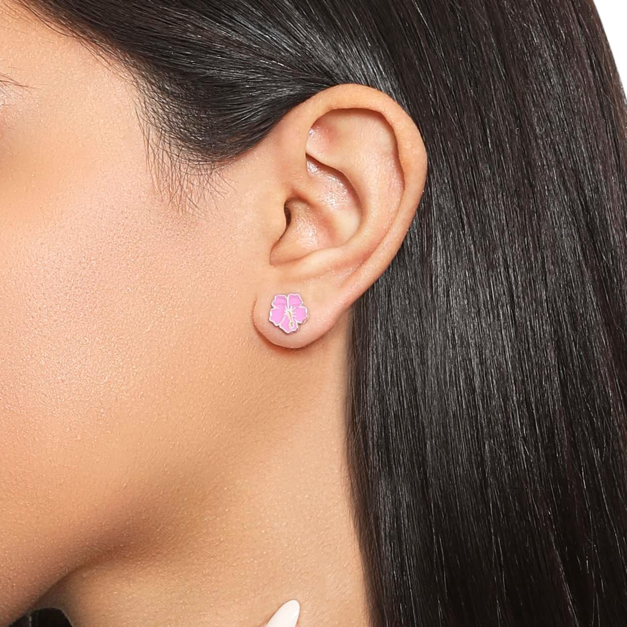 Detalle de Boucles d'oreilles Lilo & Stitch en argent sterling avec émail – motif fleur et Stitch