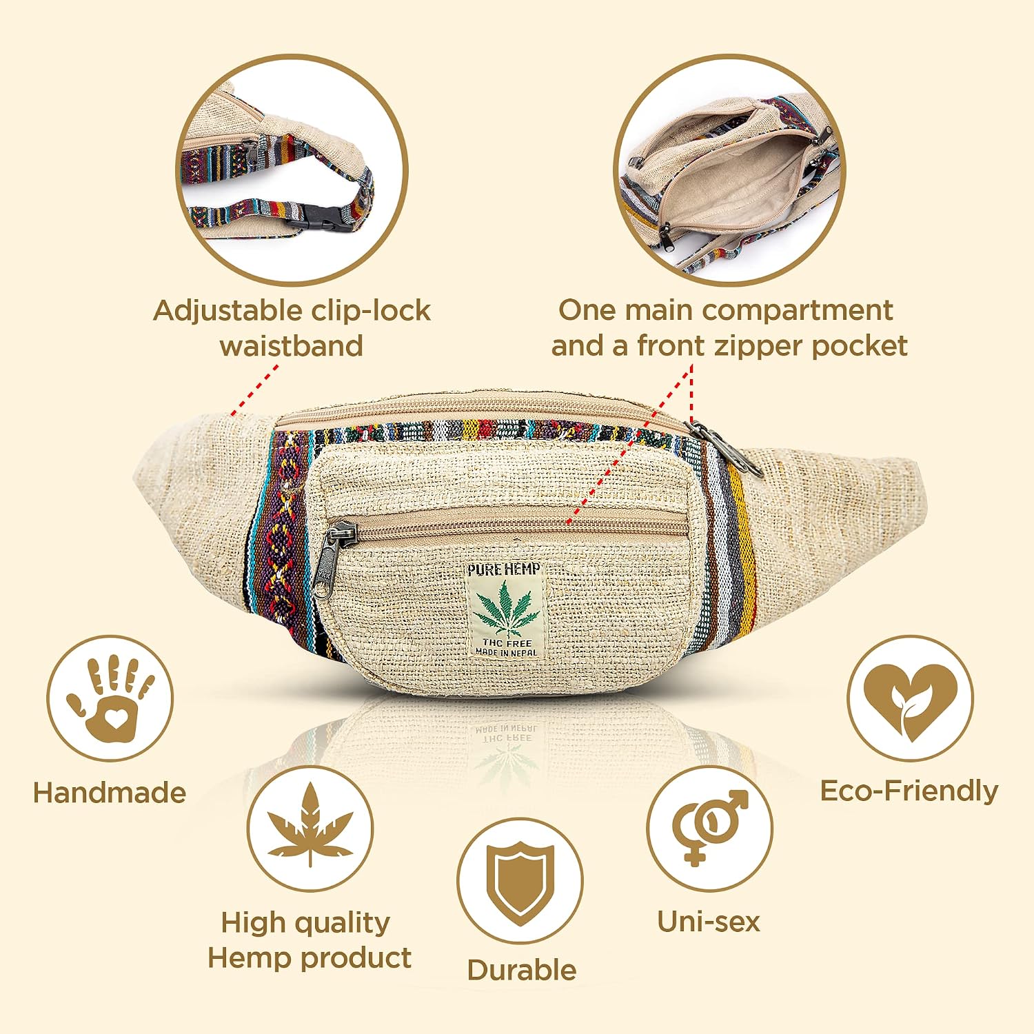 Detalle de Freakmandu Unisex Hanf Gürteltasche „Beatnik“ – verstellbare Fanny Pack zum Umhängen für Wandern, Laufen & Festival