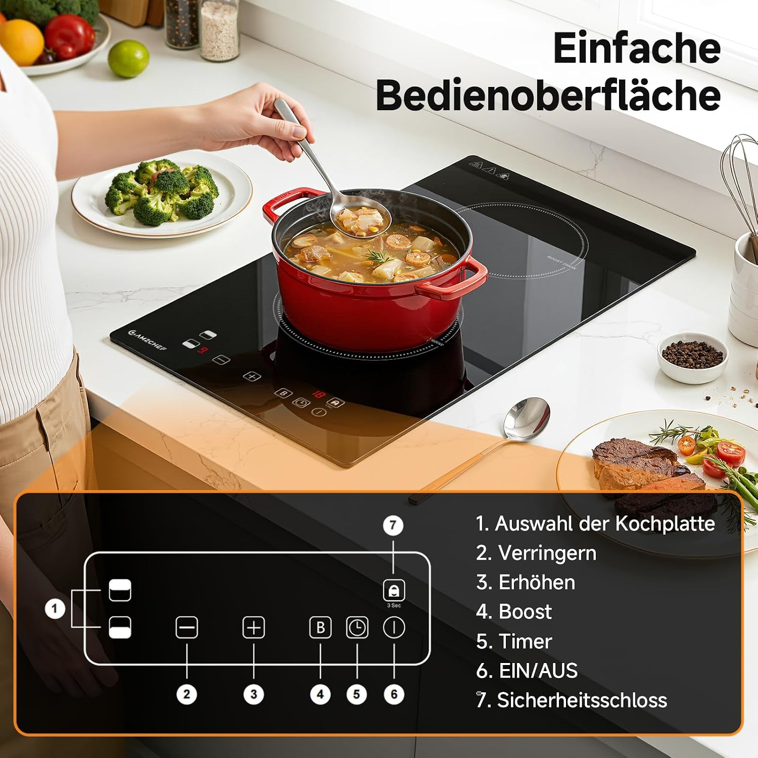 Detalle 2 de AMZCHEF Induktionskochfeld 2 Platten 3700W – Doppel-Induktionskochplatte mit Boost, Timer und Sicherheitsfunktionen