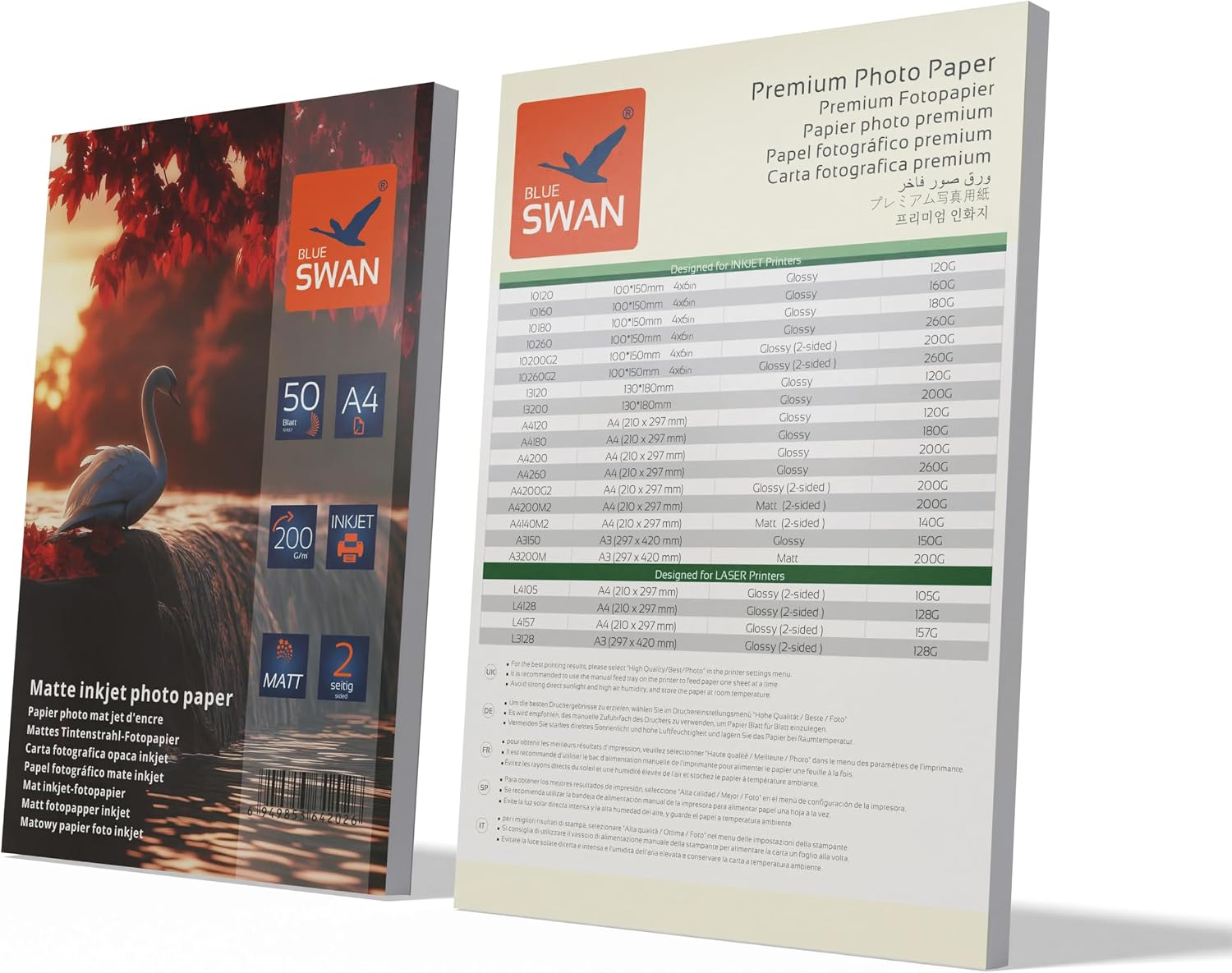 Detalle 2 de BLUE SWAN Carta Fotografica Opaca A4 da 200 g/m², 100 fogli (2×50) per stampanti inkjet