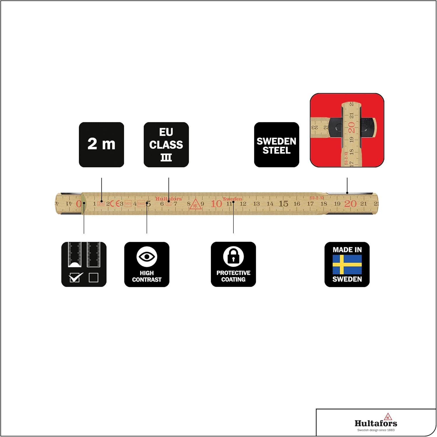 Detalle de Doppio metro pieghevole 2 m Hultafors Schwedenmeter® originale in betulla (confezione multipla da 3 pezzi, 100012)