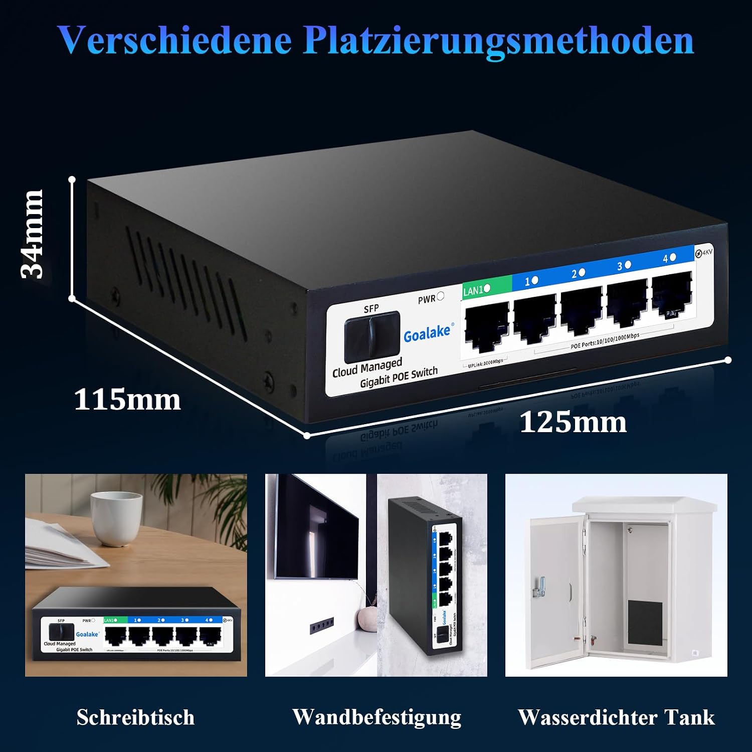 Detalle de 6-Port Gigabit PoE+ Switch mit Cloud-Management und AI Extend Modus bis 250 m