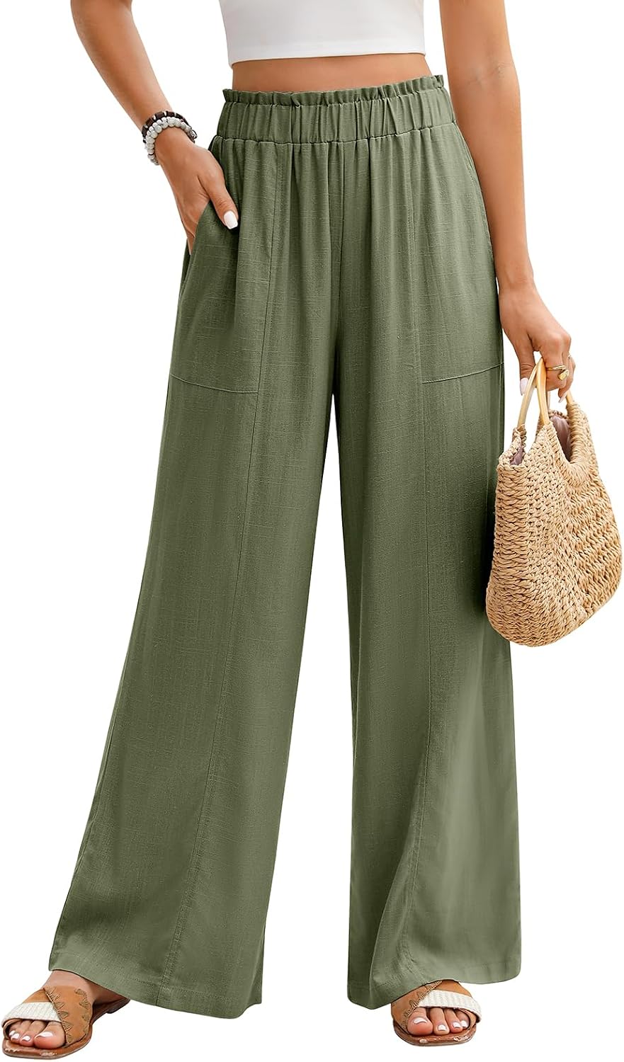 Detalle de Niwicee Pantalon fluide femme en lin et viscose, taille haute élastique, coupe droite ample avec poches (pantacourt)