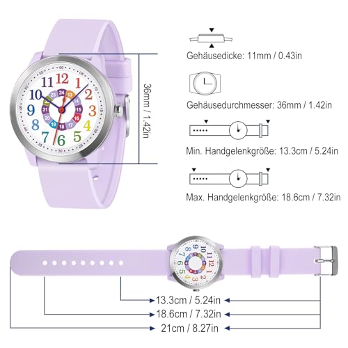 Thumbnail 2 de SOCICO Kinderuhr Analoguhr – Wasserfest bis 50 m, Silikonband, violett Regenbogen, QT-Kernuhrwerk aus Japan