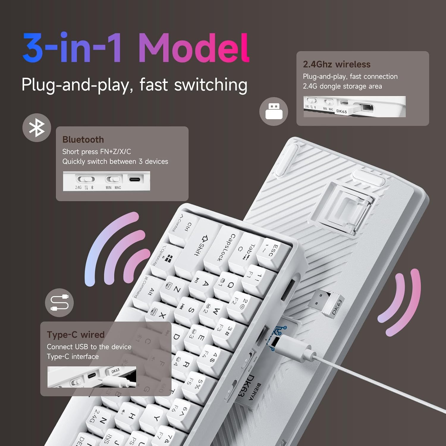 Thumbnail 3 de Dierya DK63 clavier gamer sans fil 60% mécanique (Bluetooth/2,4 Ghz/USB-C) avec 18 modes RGB