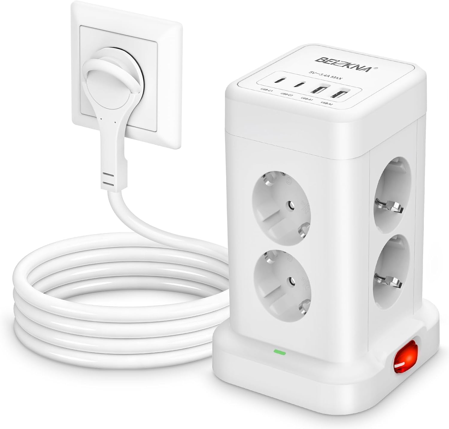 Ciabatta multipresa a spina piatta con 8 prese e 4 USB (2 USB-C + 2 USB-A) con protezione da sovratensioni e cavo da 2 metri