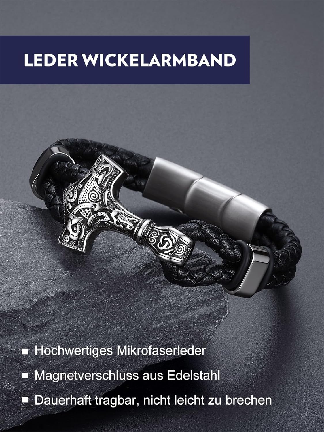 Thumbnail 1 de Bandmax Lederarmband Herren Mjölnir/Totenkopf – personalisierbar, Magnetverschluss, Wickelarmband